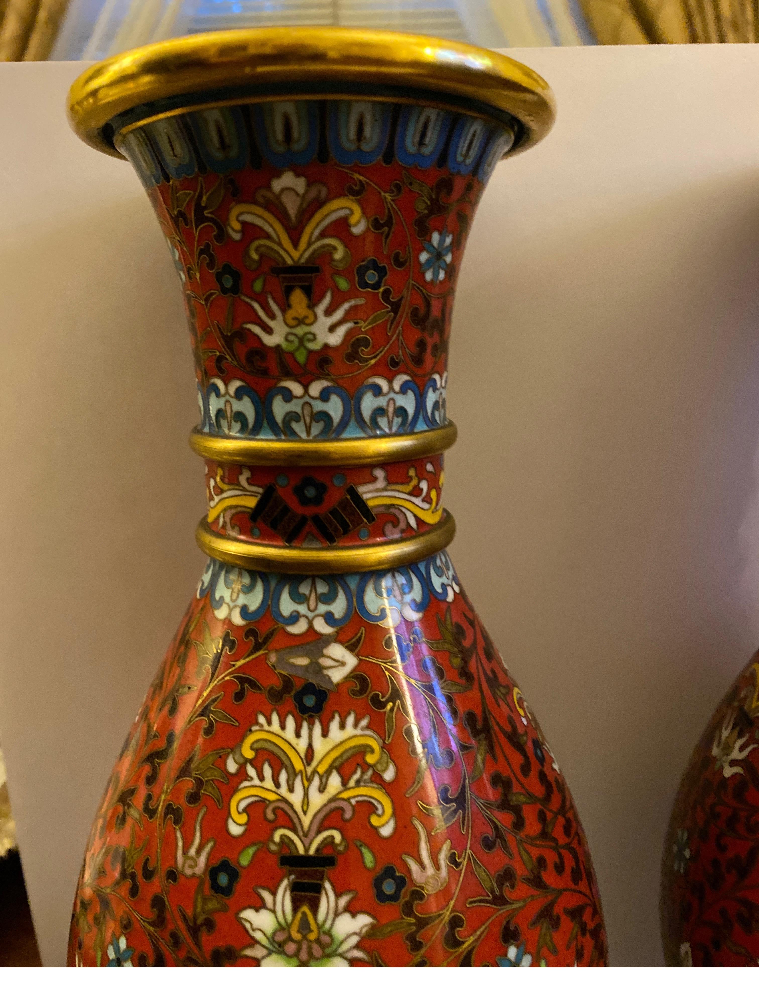 Enameled Pair of Gilt and Cloisonné Enamel Vases For Sale