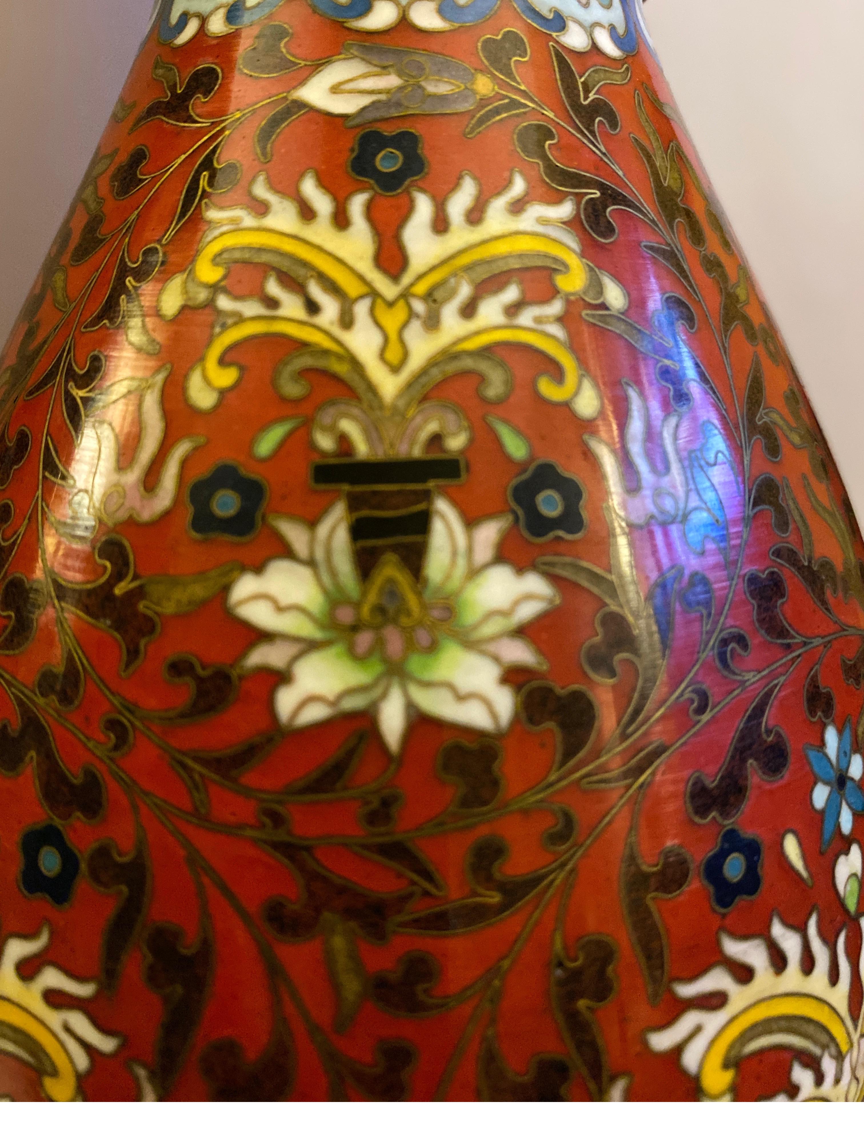 Pair of Gilt and Cloisonné Enamel Vases In Excellent Condition For Sale In Lambertville, NJ