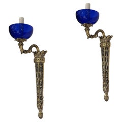 Pair of Gilt and Cobalt Blue Glass Sconces