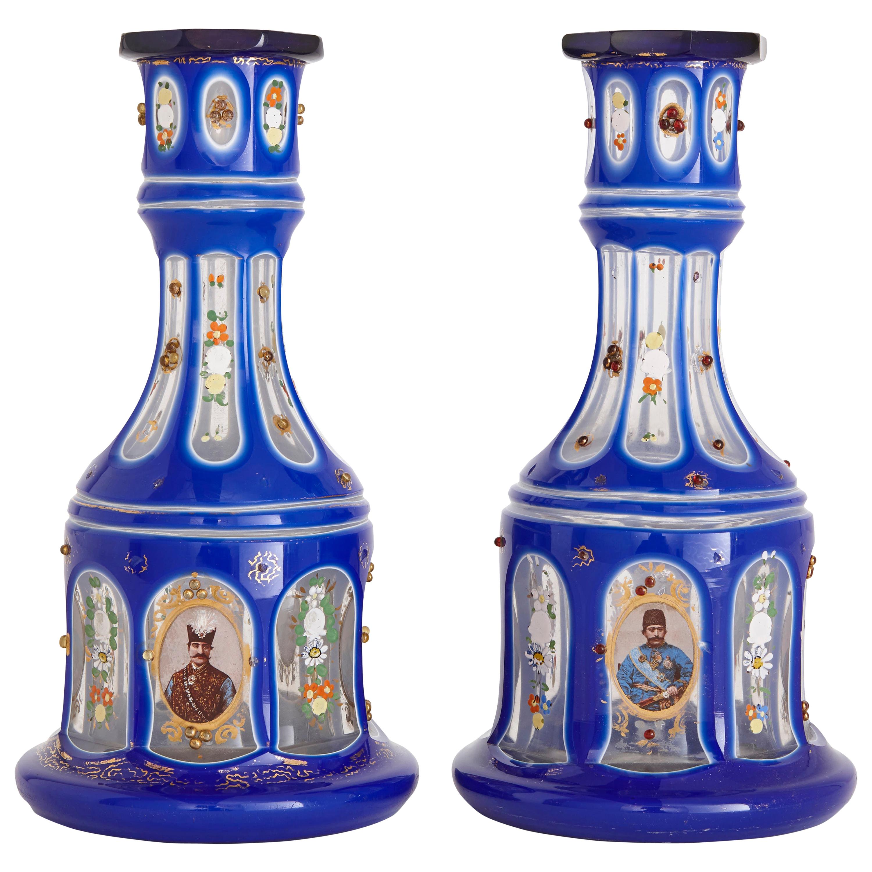 Pair of Gilt and Enamelled Blue Overlay Clear Cut Glass Huqqa Bases