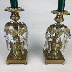 Pair of gilt and glass lustre drop candlesticks