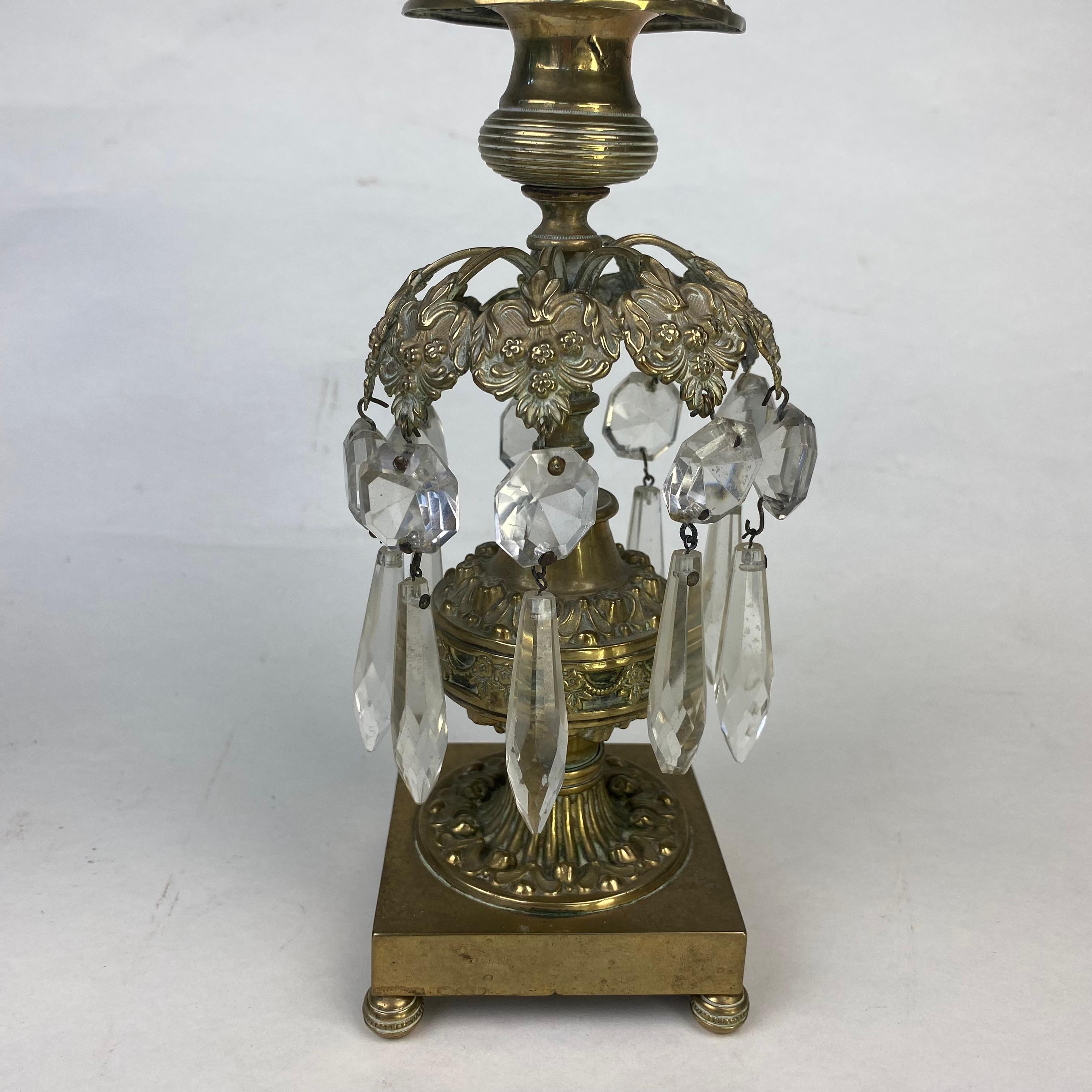 Regency Pair of gilt and glass lustre drop candlesticks For Sale