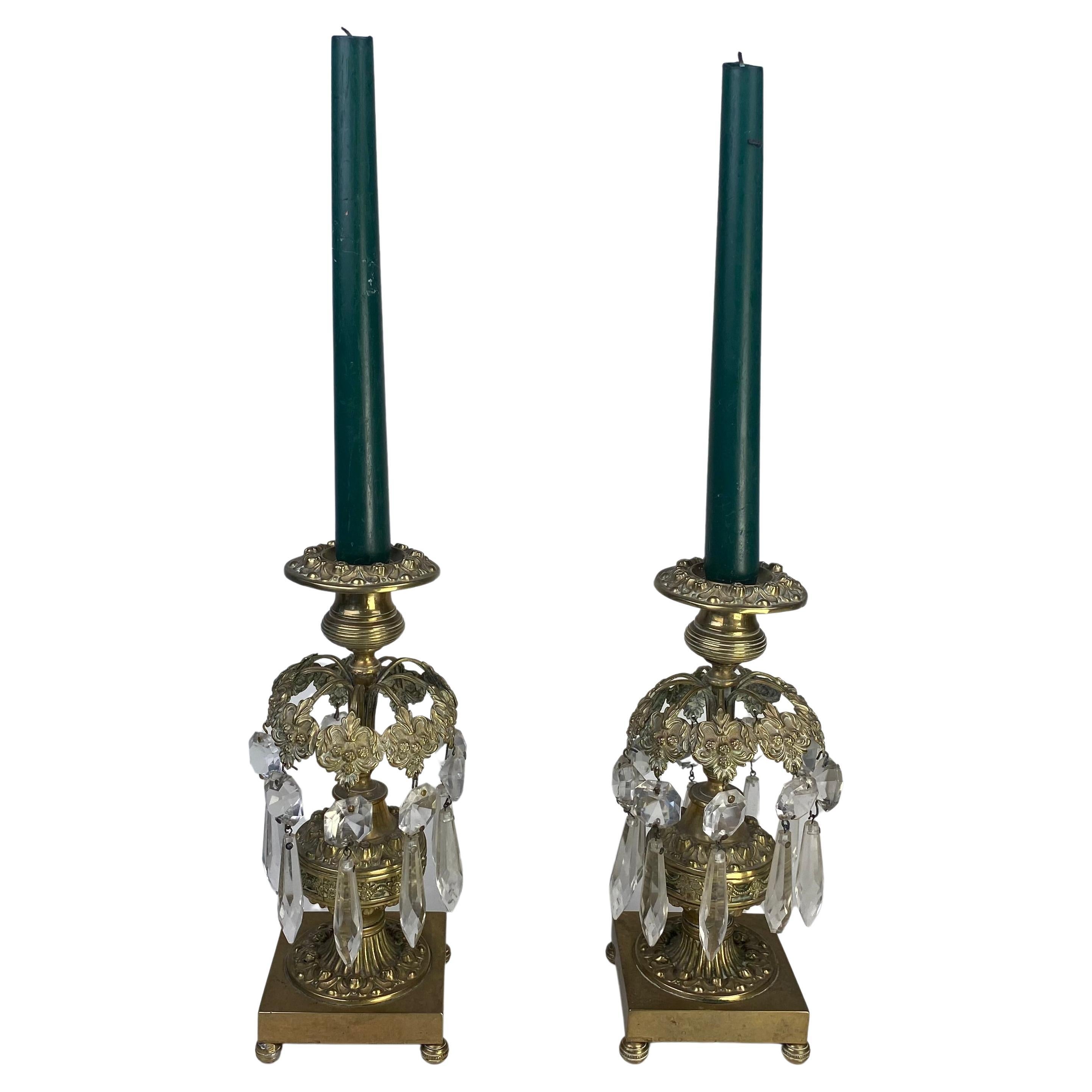Pair of gilt and glass lustre drop candlesticks For Sale