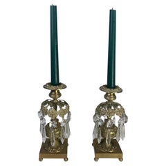 Antique Pair of gilt and glass lustre drop candlesticks