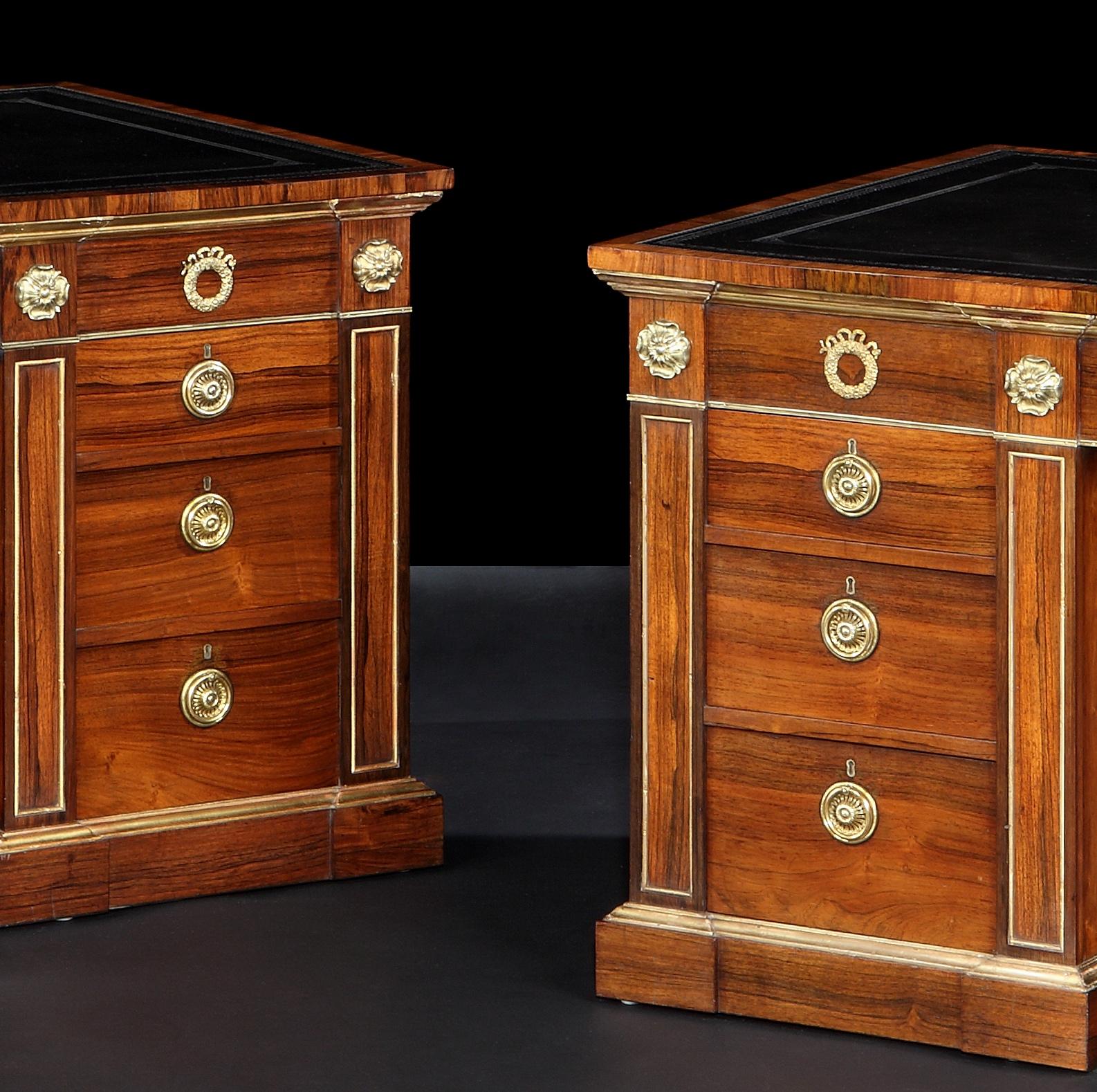 Pair of Gilt and Leather Pedestal Desks in the Regency Manner In Excellent Condition For Sale In London, GB