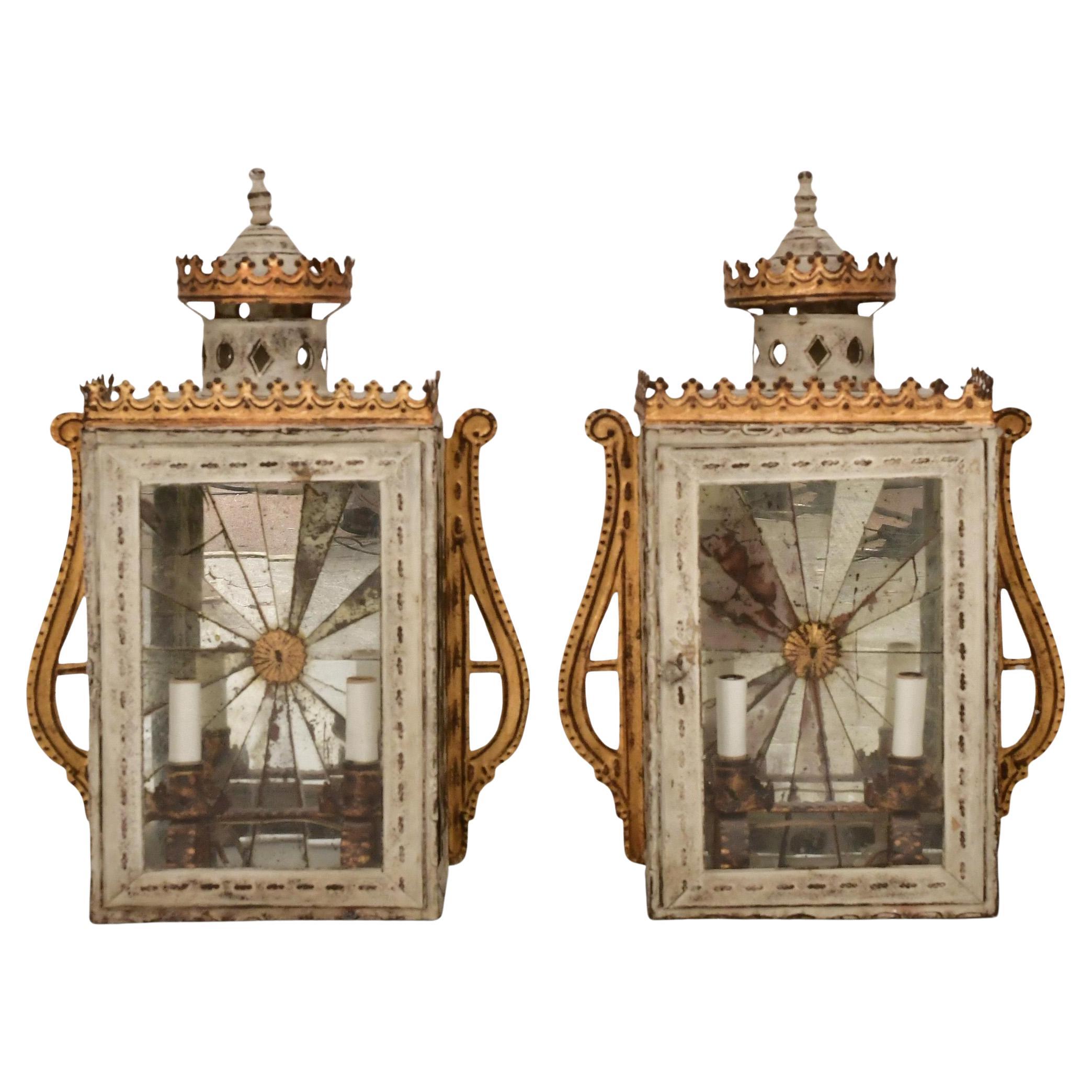 Pair of Gilt and Painted French Tole Wall Lanterns For Sale