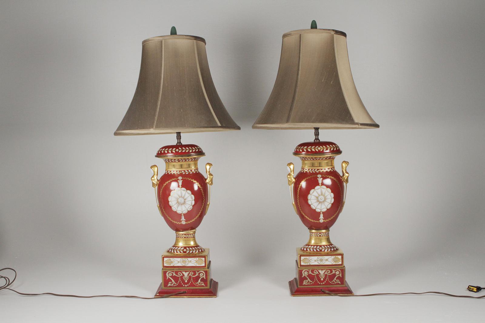 Neoclassical Pair of Gilt and Painted Porcelain Table Lamps