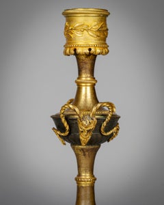 Pair of Gilt and Patinated Bronze and Rouge Marble Candlesticks, circa 1820