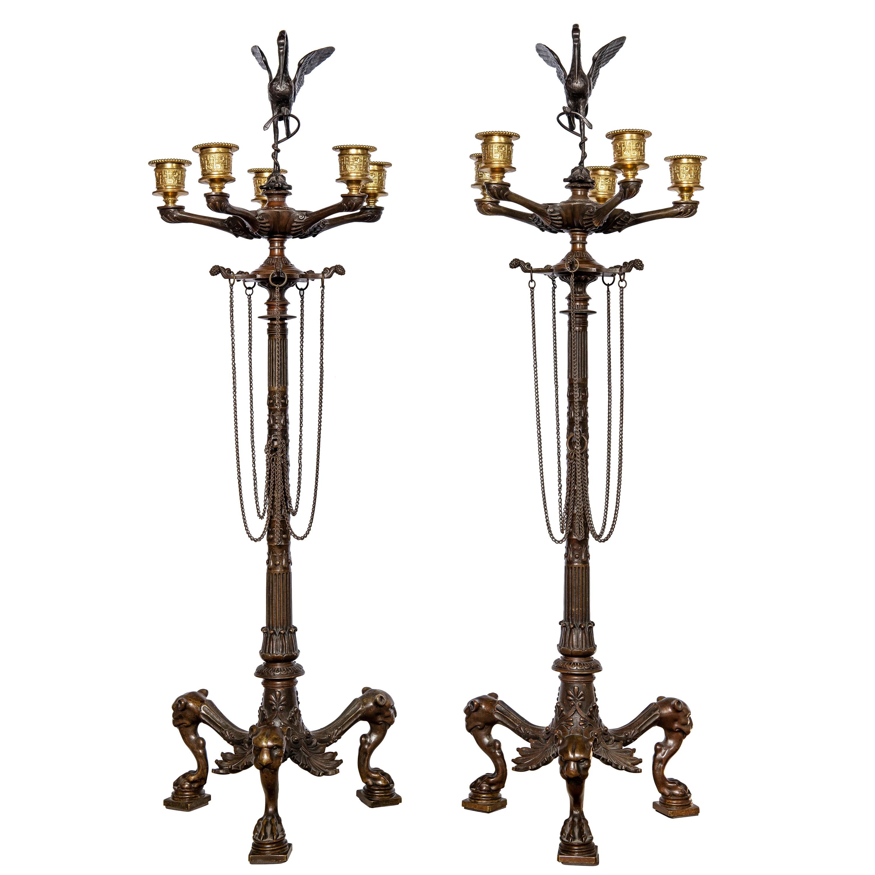 Pair of Gilt and Patinated Bronze Candelabra, France, 19th Century For Sale