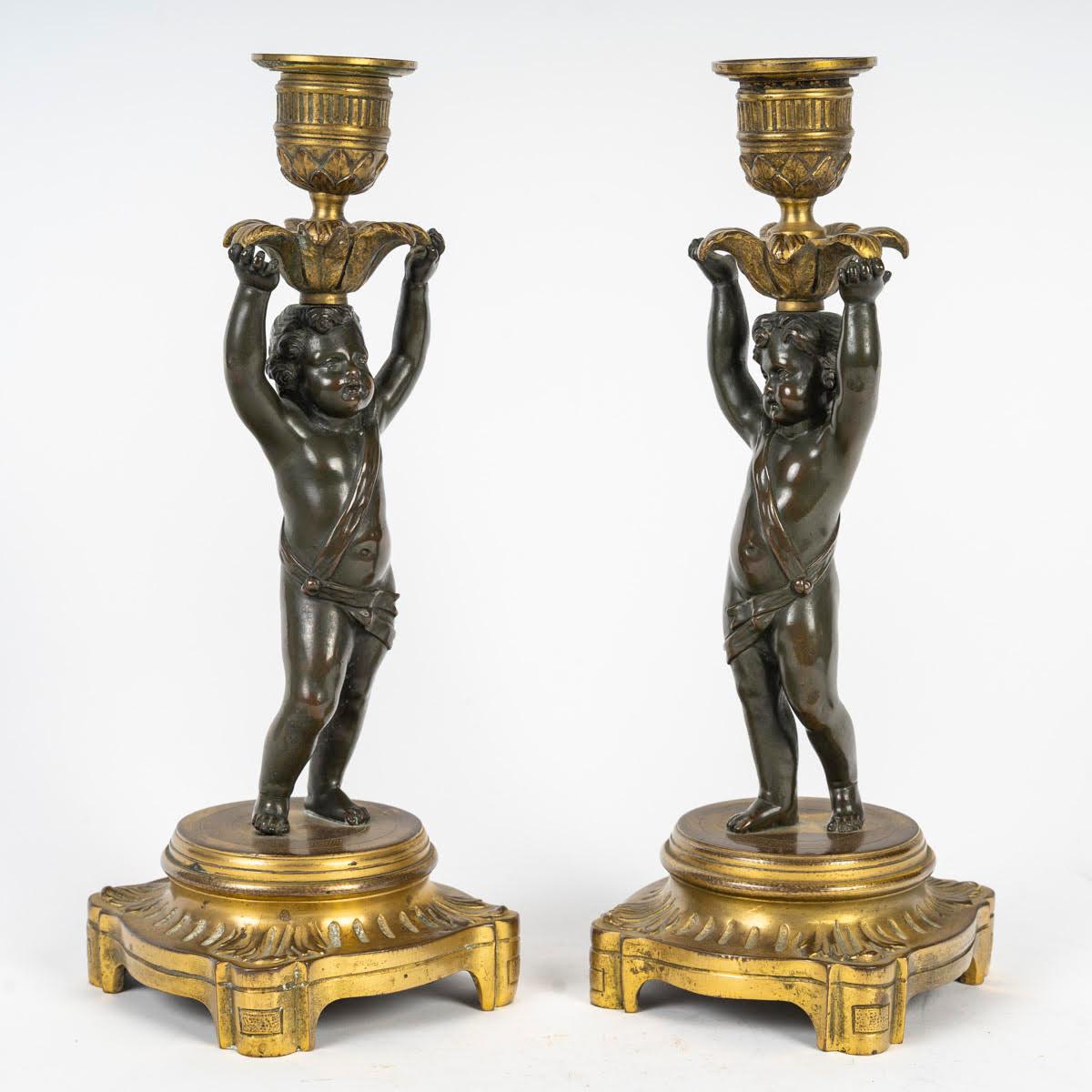 Pair of Gilt and Patinated Bronze Candlesticks, 19th Century, Louis XVI Style. For Sale 1