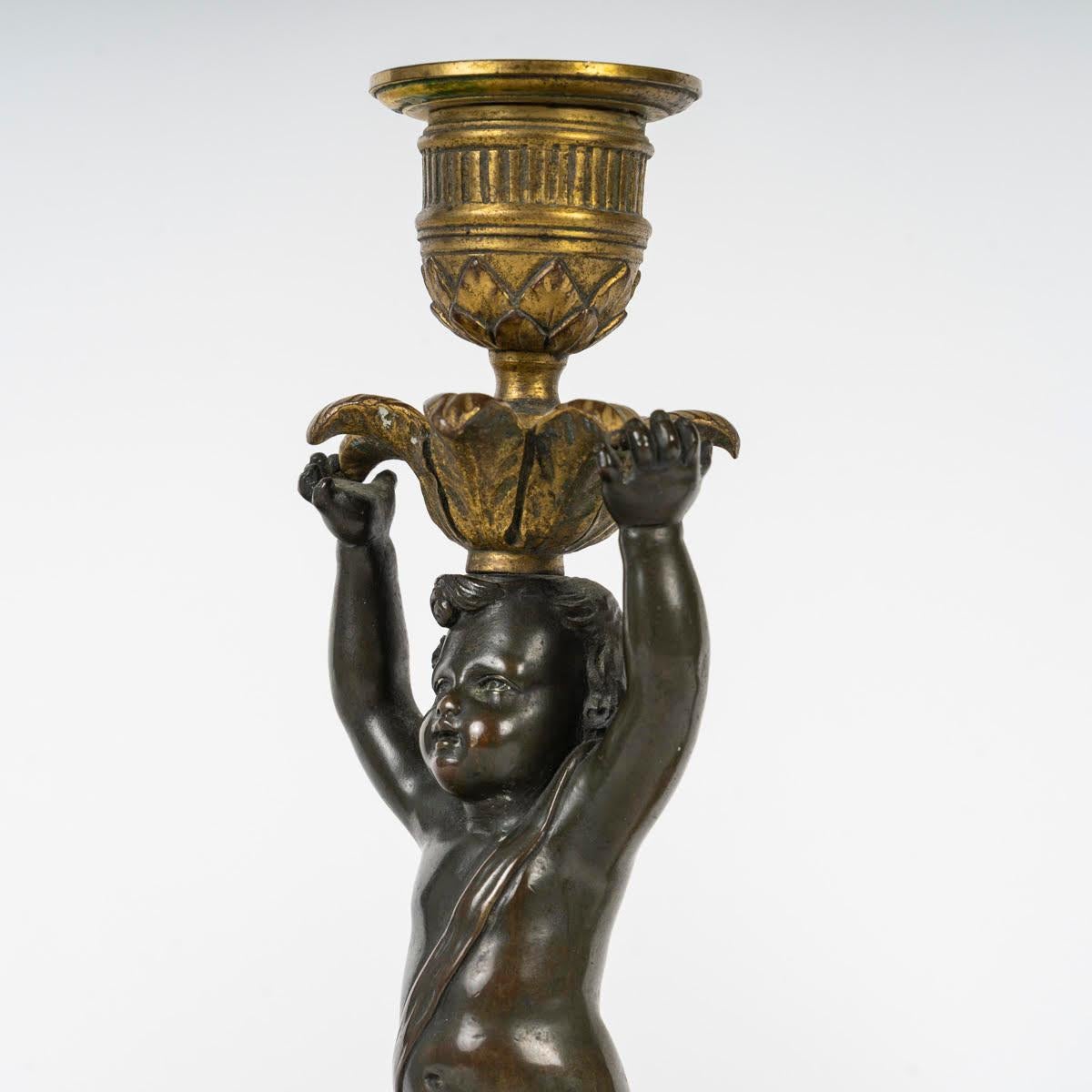 Pair of Gilt and Patinated Bronze Candlesticks, 19th Century, Louis XVI Style. For Sale 2
