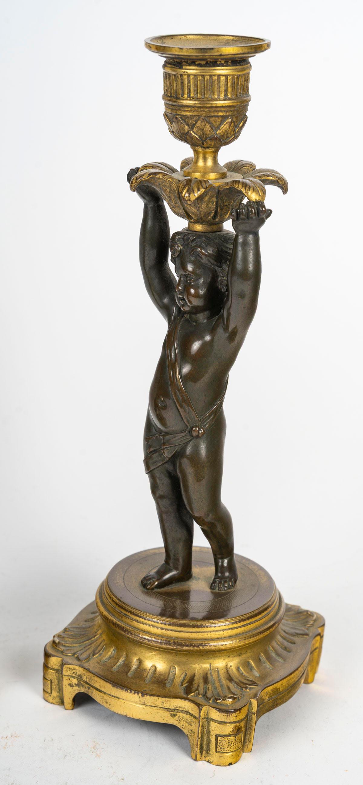 Pair of Gilt and Patinated Bronze Candlesticks, 19th Century, Louis XVI Style. For Sale 4