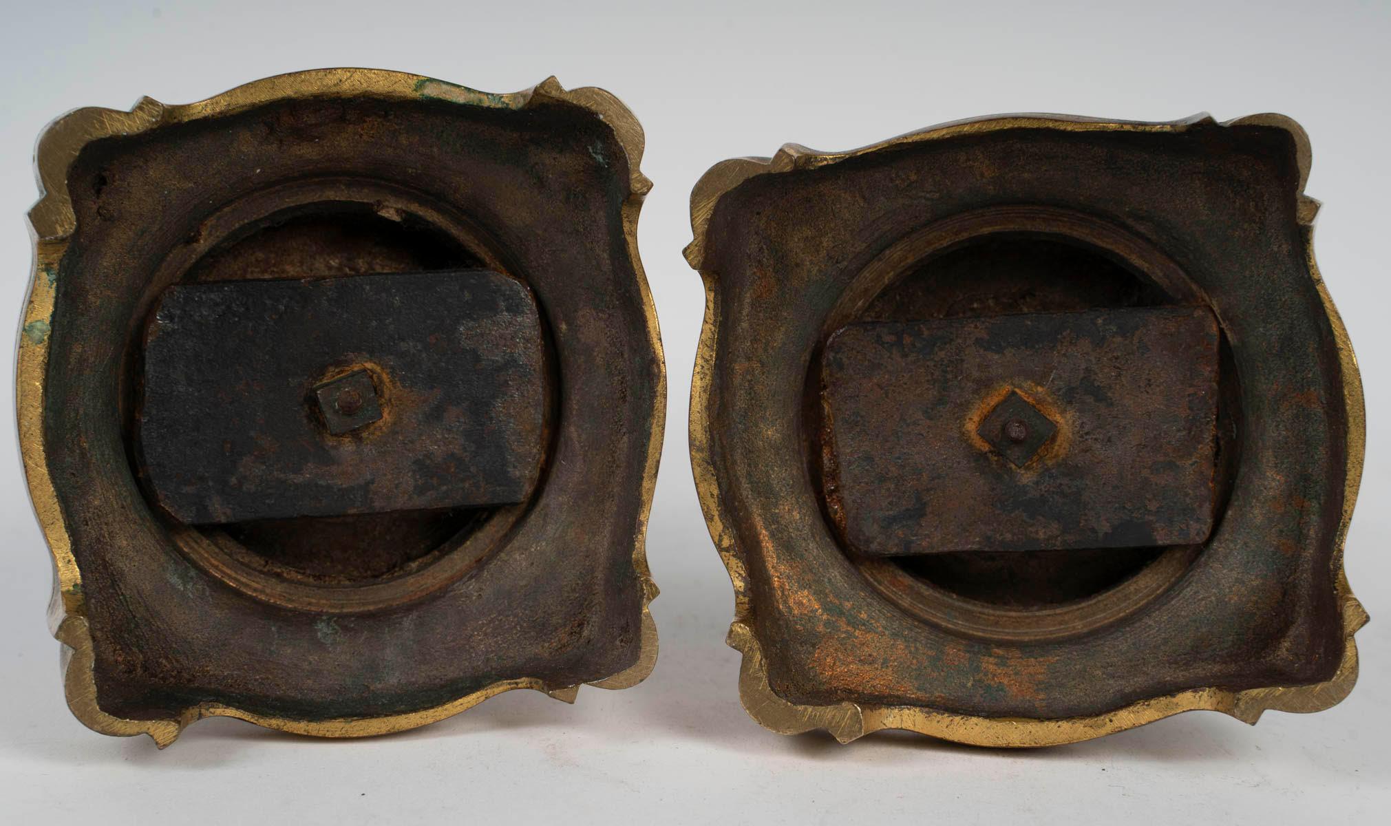 Pair of Gilt and Patinated Bronze Candlesticks, 19th Century, Louis XVI Style. For Sale 5