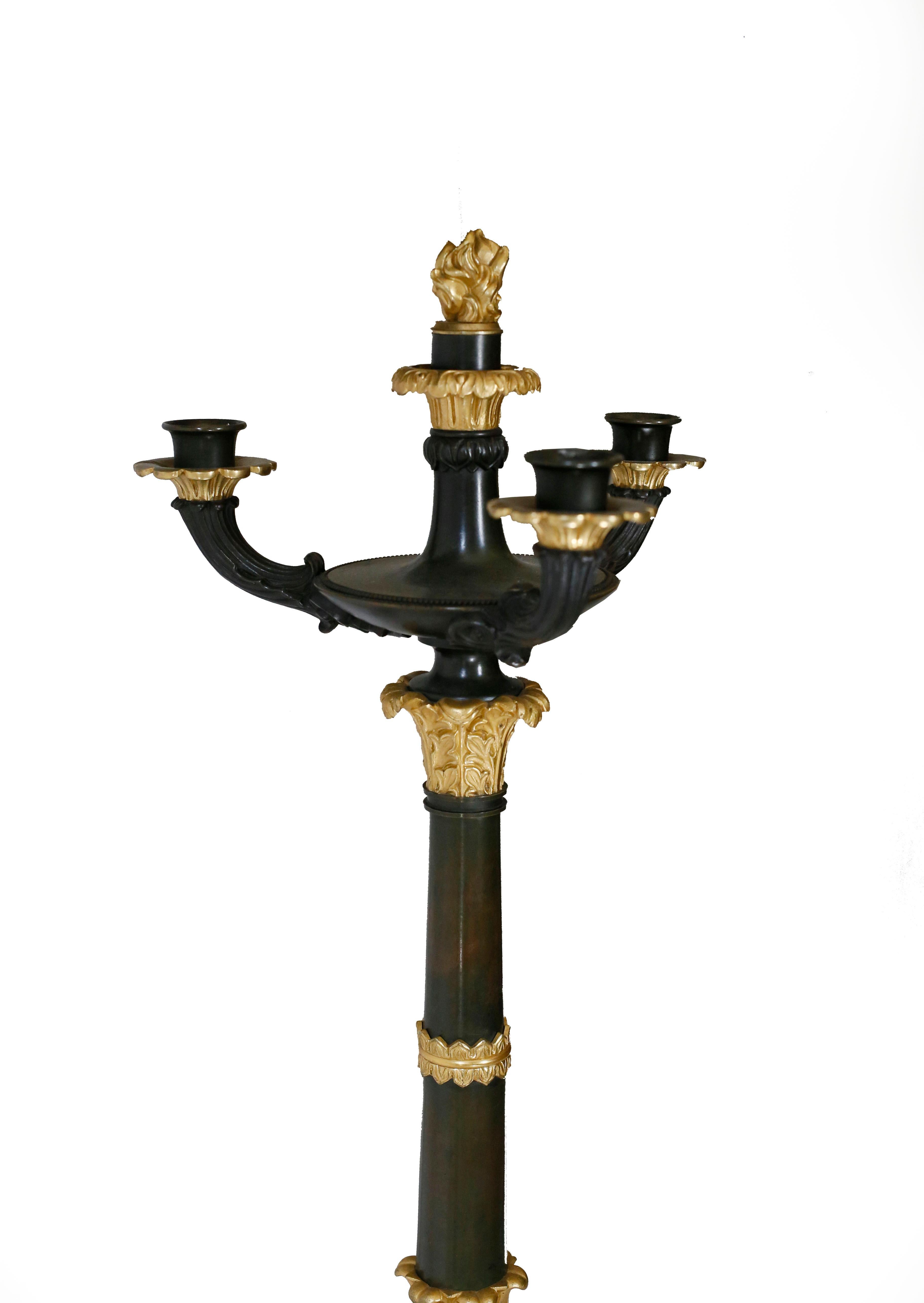Pair of Gilt and Patinated Bronze Charles X Candelabra In Excellent Condition For Sale In Brooklyn, NY