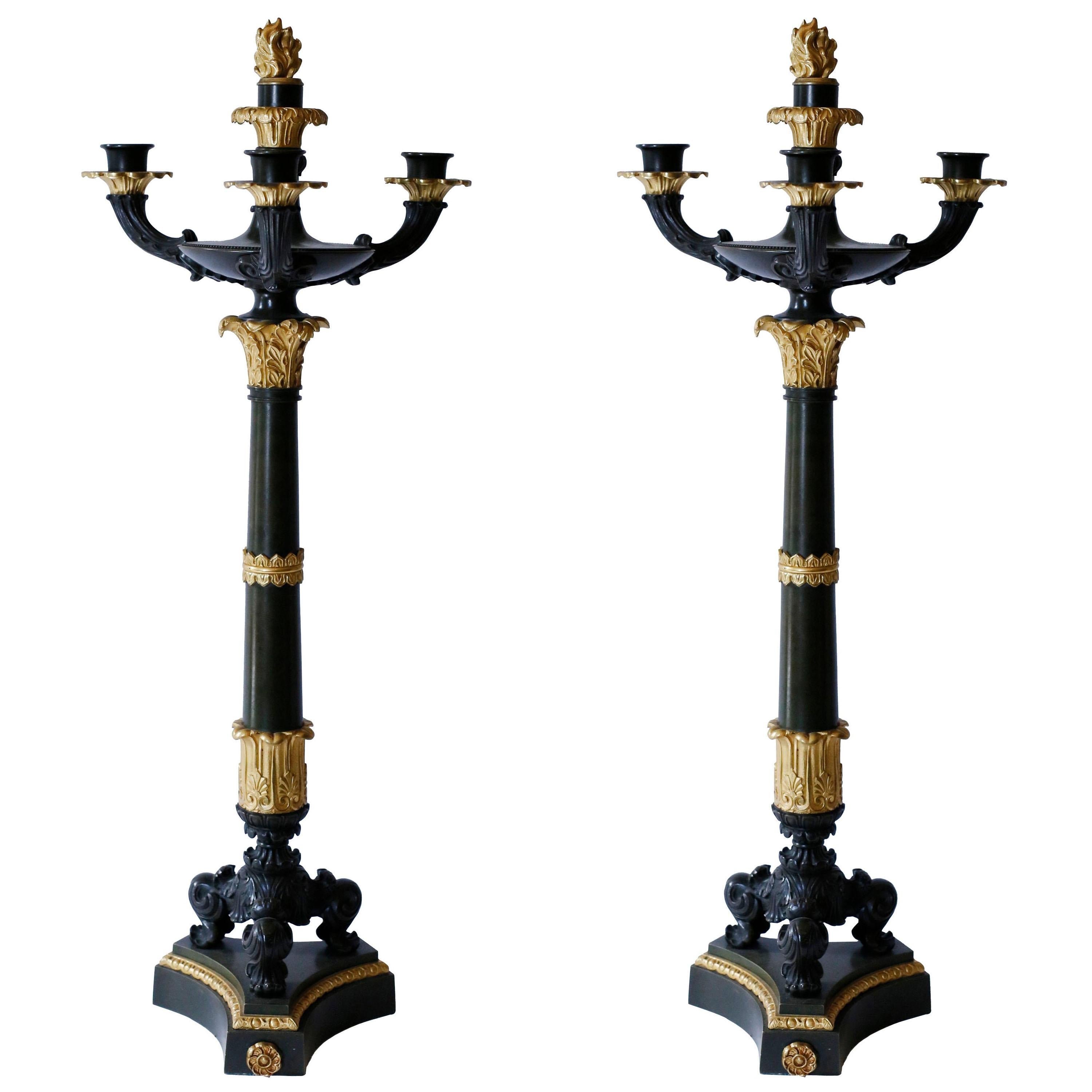 Pair of Gilt and Patinated Bronze Charles X Candelabra For Sale