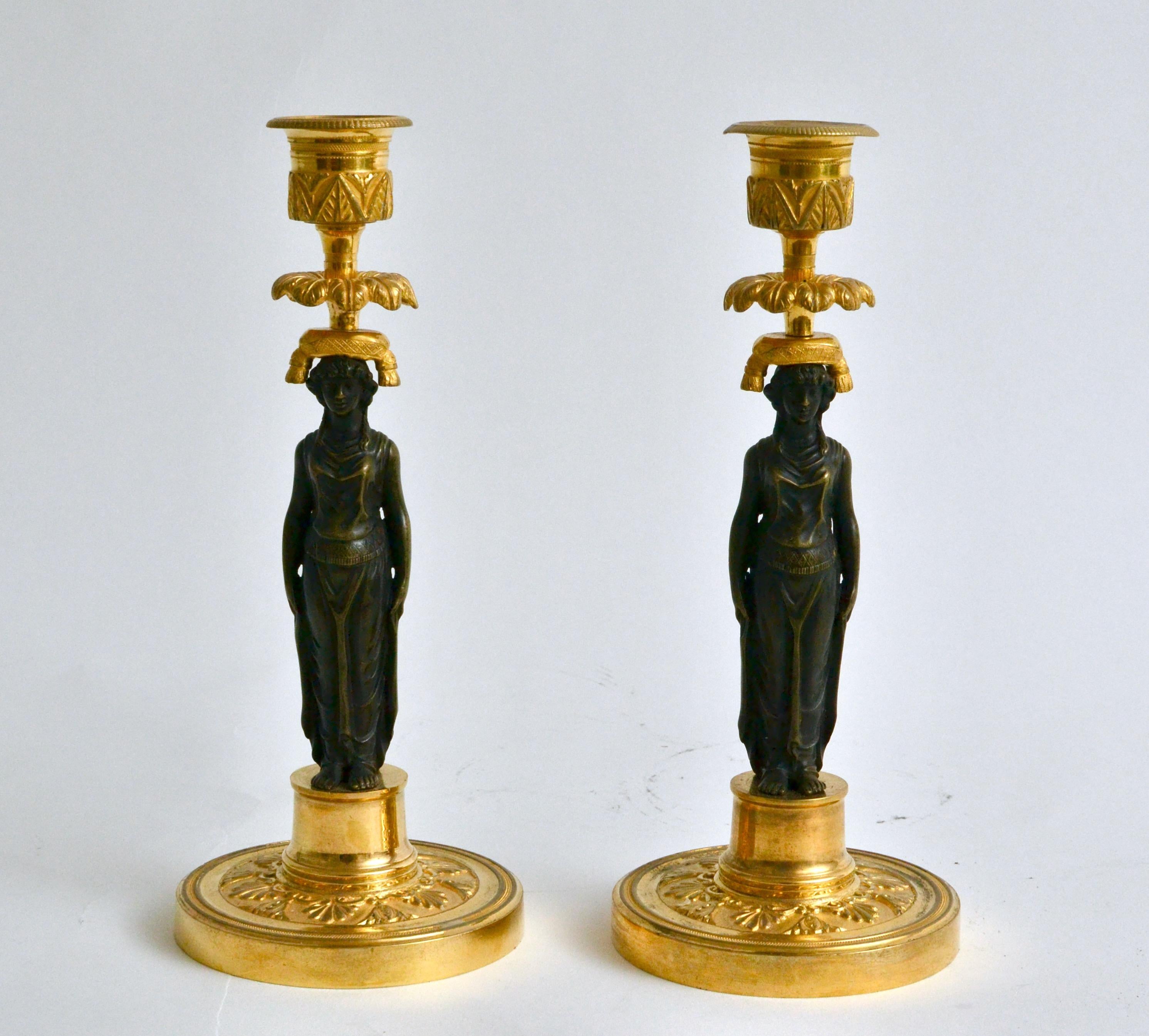 Pair of Gilt and Patinated Bronze Empire Candlesticks.  2