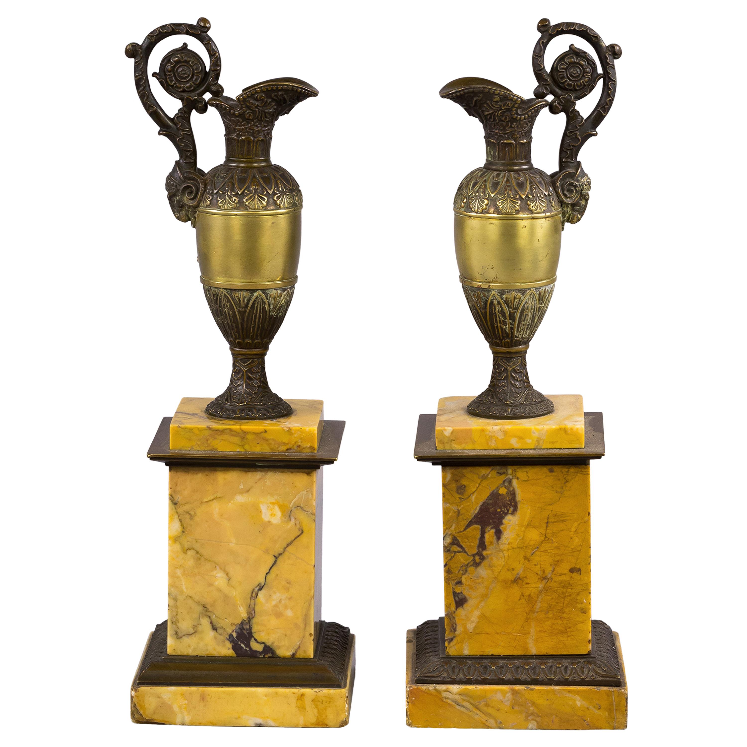 Pair of Gilt and Patinated Bronze Ewers on Marble Plinths, circa 1840 For Sale