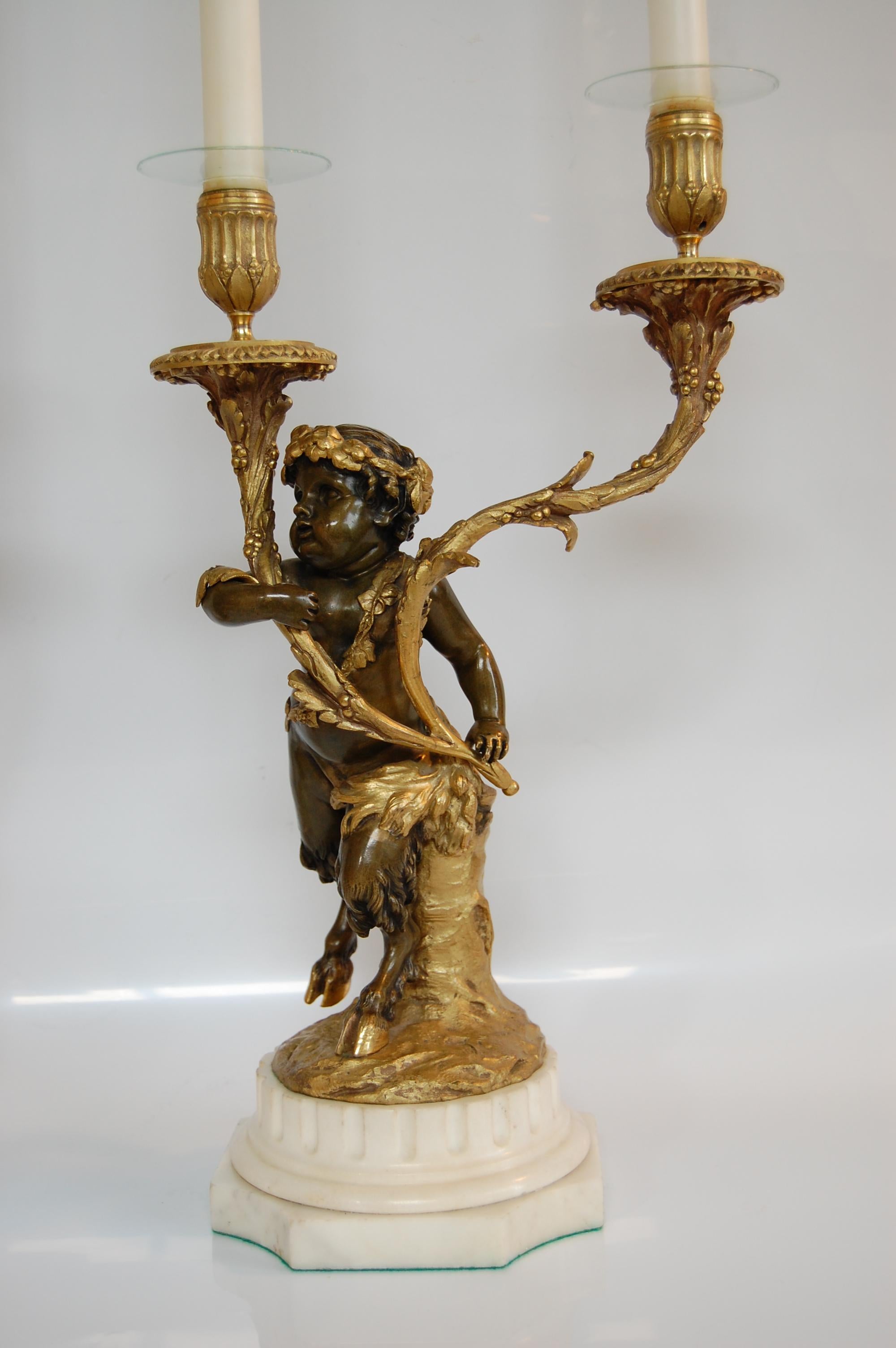 Louis XVI Pr. Gilt Bronze & Marble Two-Light Candelabra, Signed Clodion Mid 19th. Century