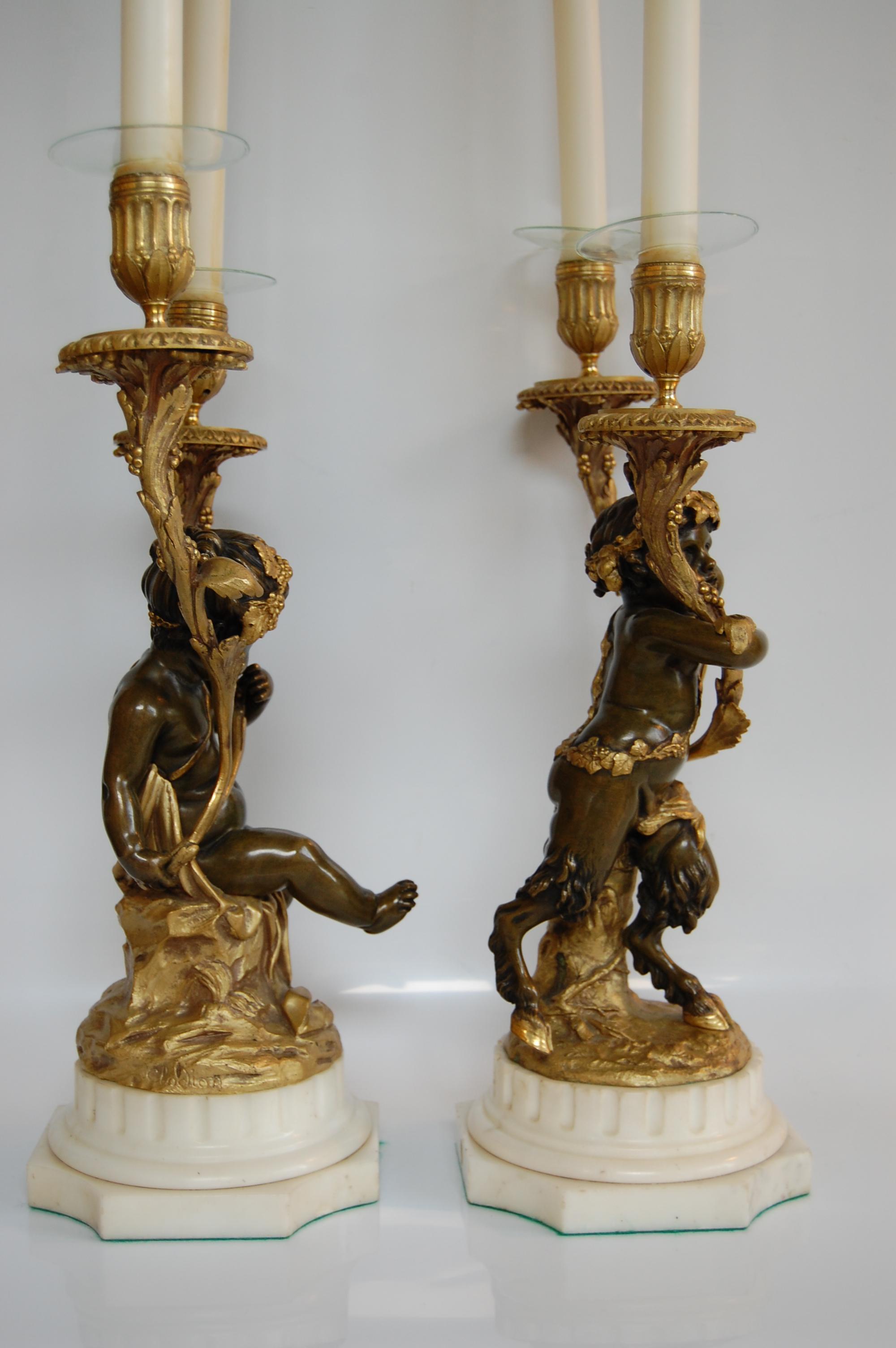 French Pr. Gilt Bronze & Marble Two-Light Candelabra, Signed Clodion Mid 19th. Century