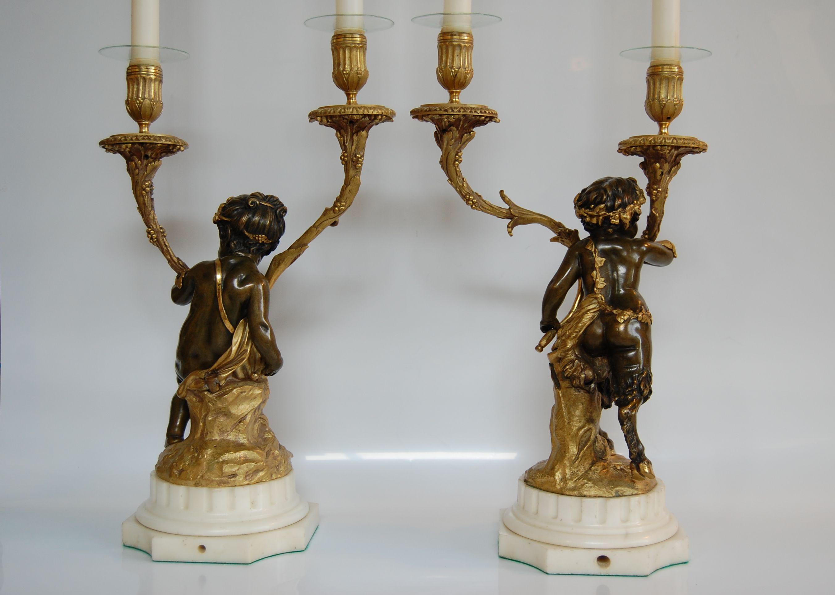 Hand-Carved Pr. Gilt Bronze & Marble Two-Light Candelabra, Signed Clodion Mid 19th. Century