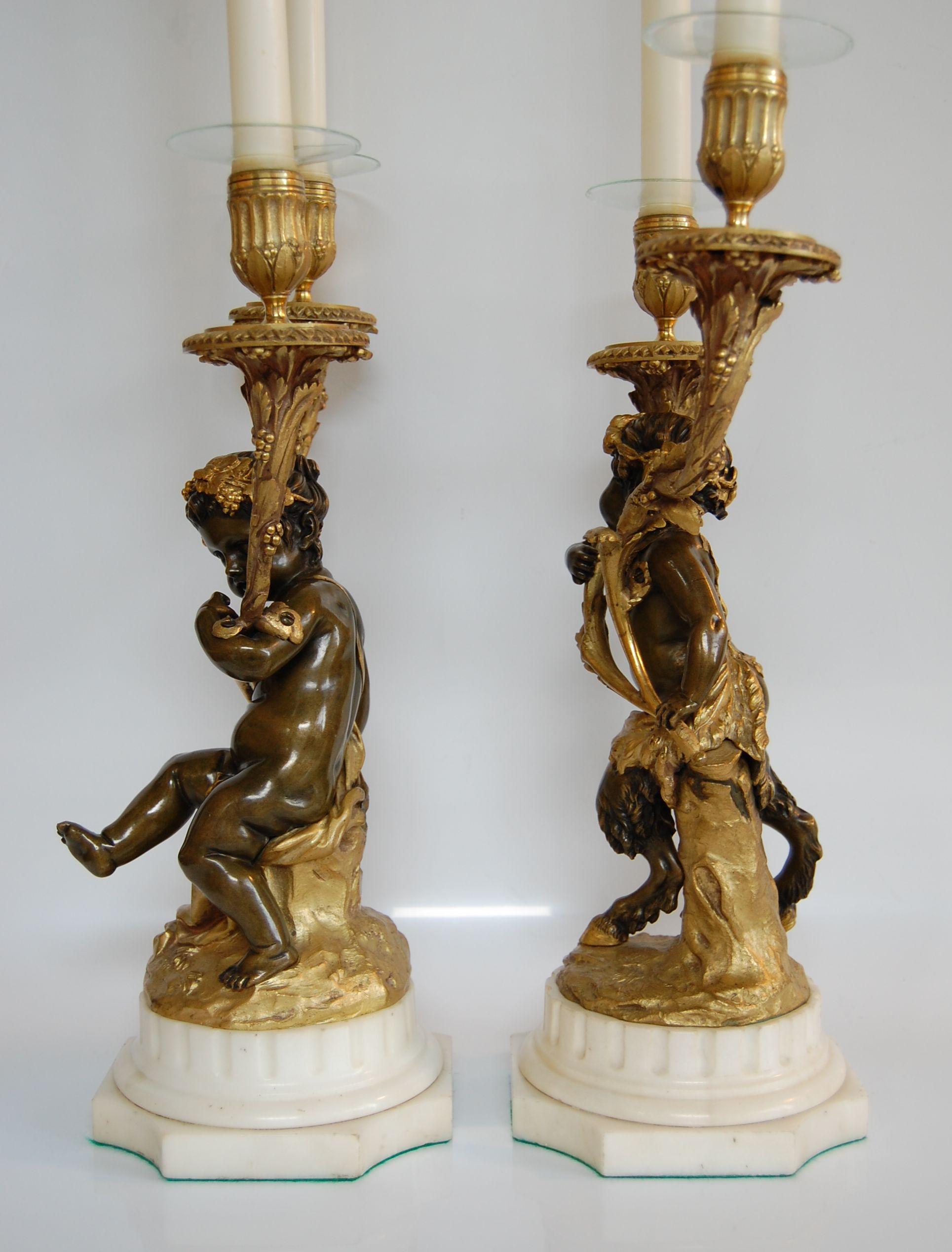 Pr. Gilt Bronze & Marble Two-Light Candelabra, Signed Clodion Mid 19th. Century In Excellent Condition In Pittsburgh, PA
