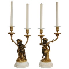 Pr. Gilt Bronze & Marble Two-Light Candelabra, Signed Clodion Mid 19th. Century