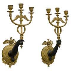 Used Pair Of Gilt and Patinated Bronze Neoclassical Three-Light Wall Appliques