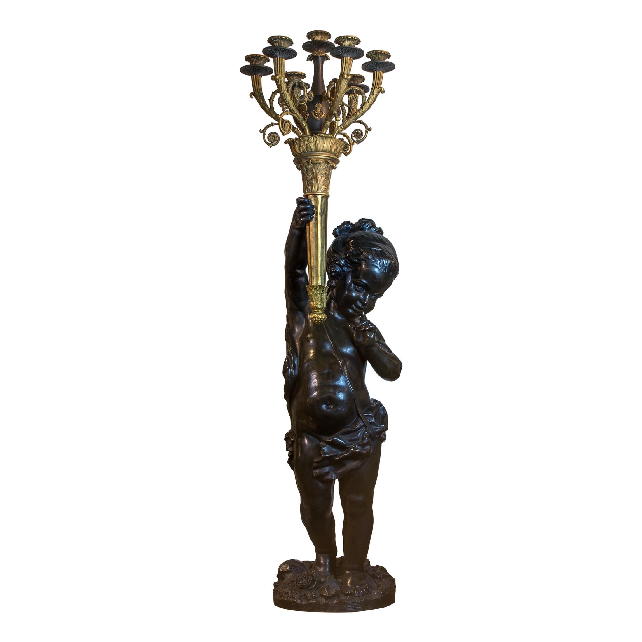 19th Century Pair of Gilt and Patinated Bronze Putti Torchères and Marble Pedestals For Sale