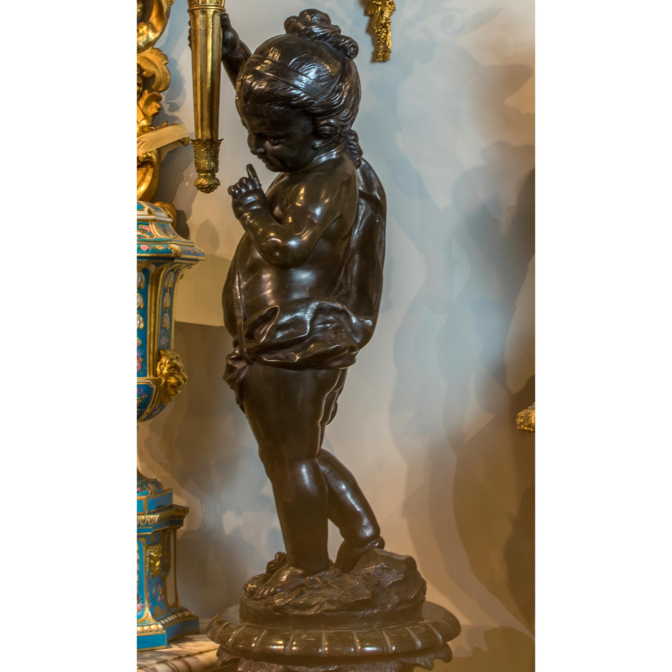 Pair of Gilt and Patinated Bronze Putti Torchères and Marble Pedestals For Sale 4