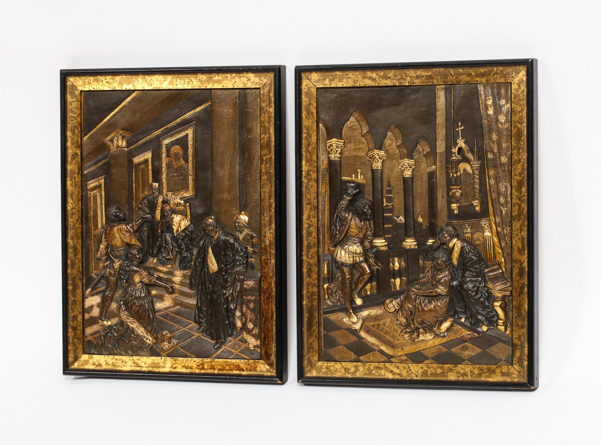 Pair of exquisite quality French gilt and patinated bronze relief plaques depicting Shakespeare's Othello, circa 1890.

After the Othello painting by Carl Ludwig Friedrich Becker (1820-1900).

In original frames. 

Beautifully detailed with