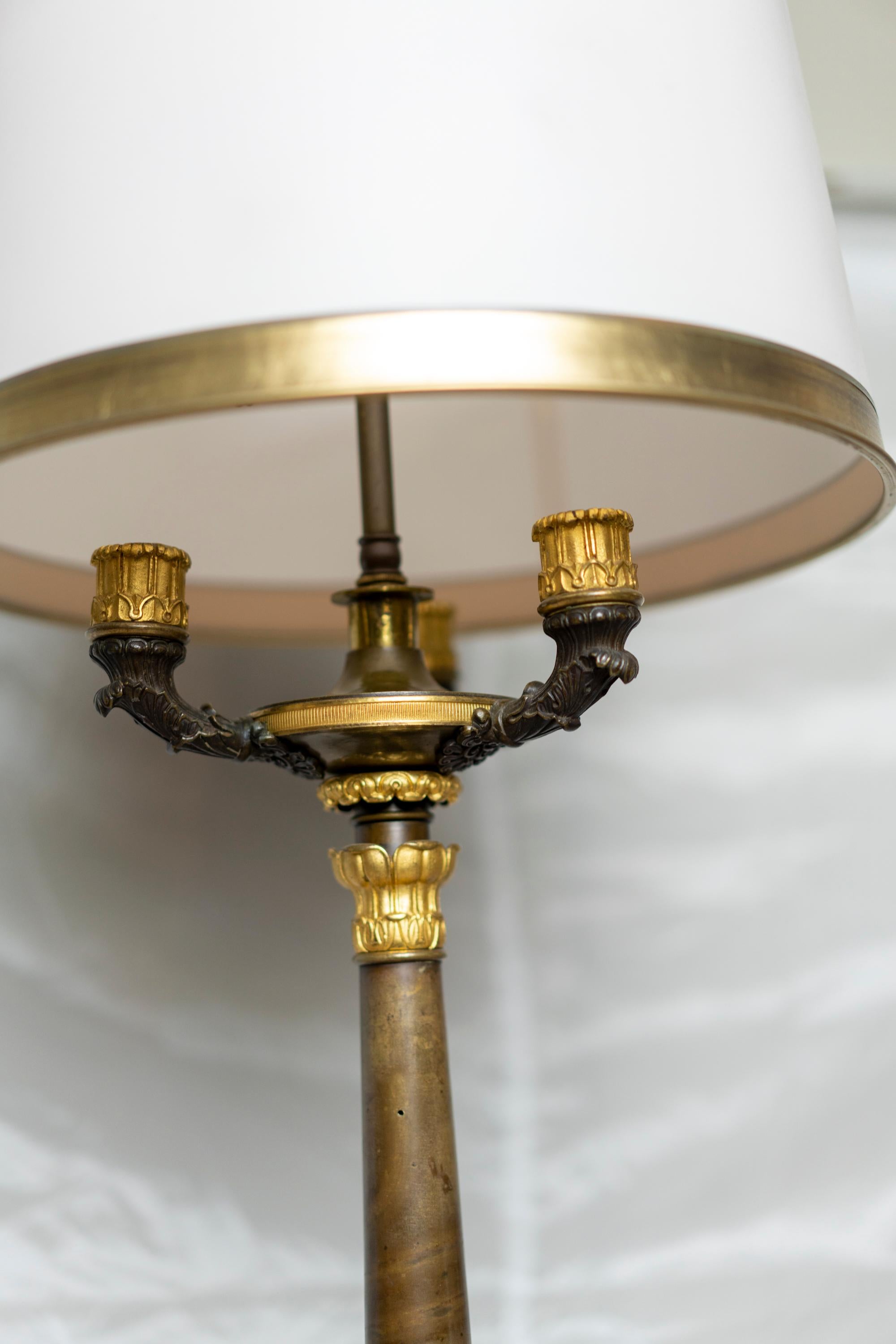 Pair of Gilt and Patinated Bronze Restauration Period Candelabra Lamps For Sale 7