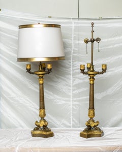 Pair of Gilt and Patinated Bronze Restauration Period Candelabra Lamps