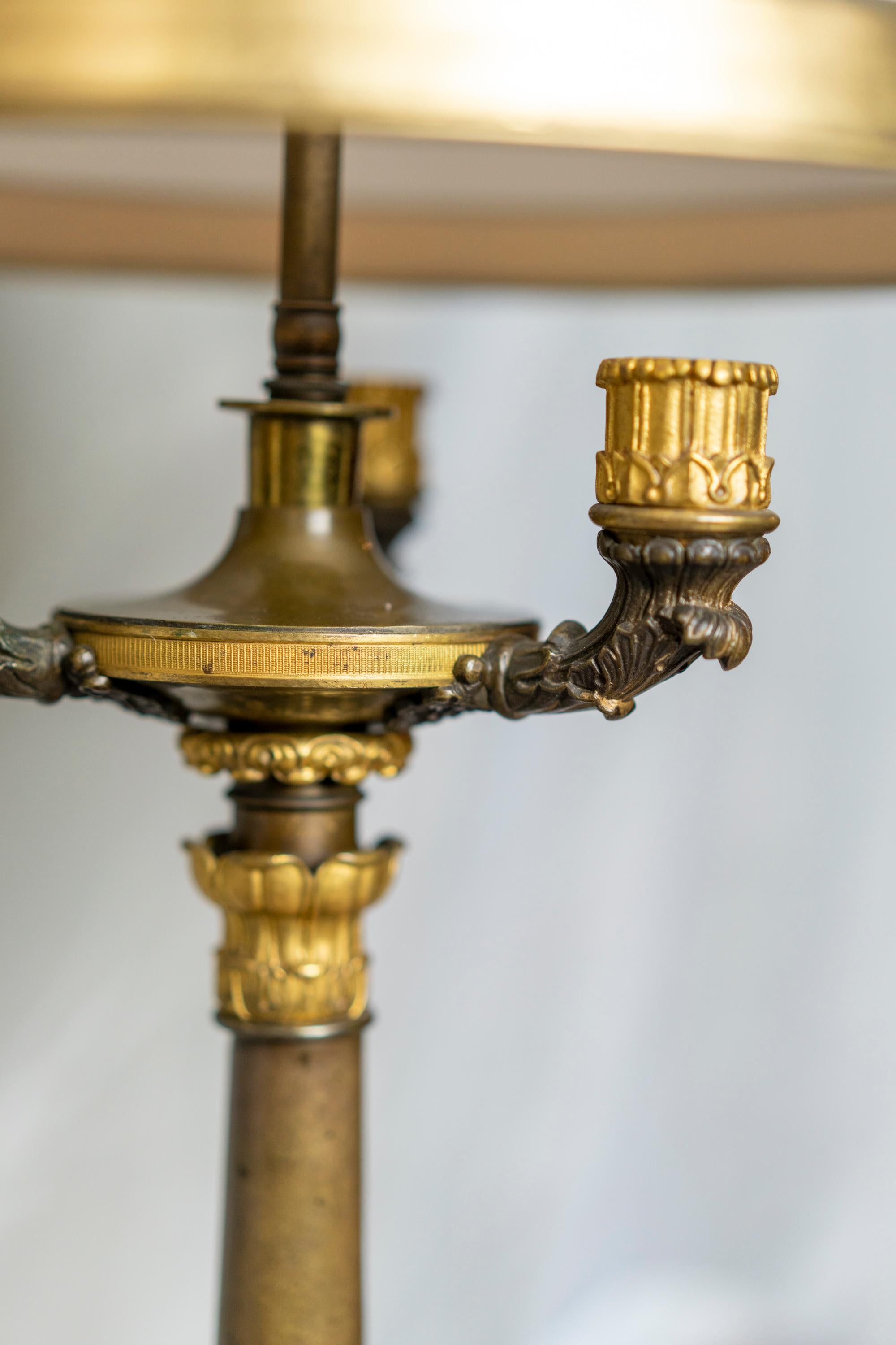 Pair of Gilt and Patinated Bronze Restauration Period Candelabra Lamps In Good Condition For Sale In Montreal, QC