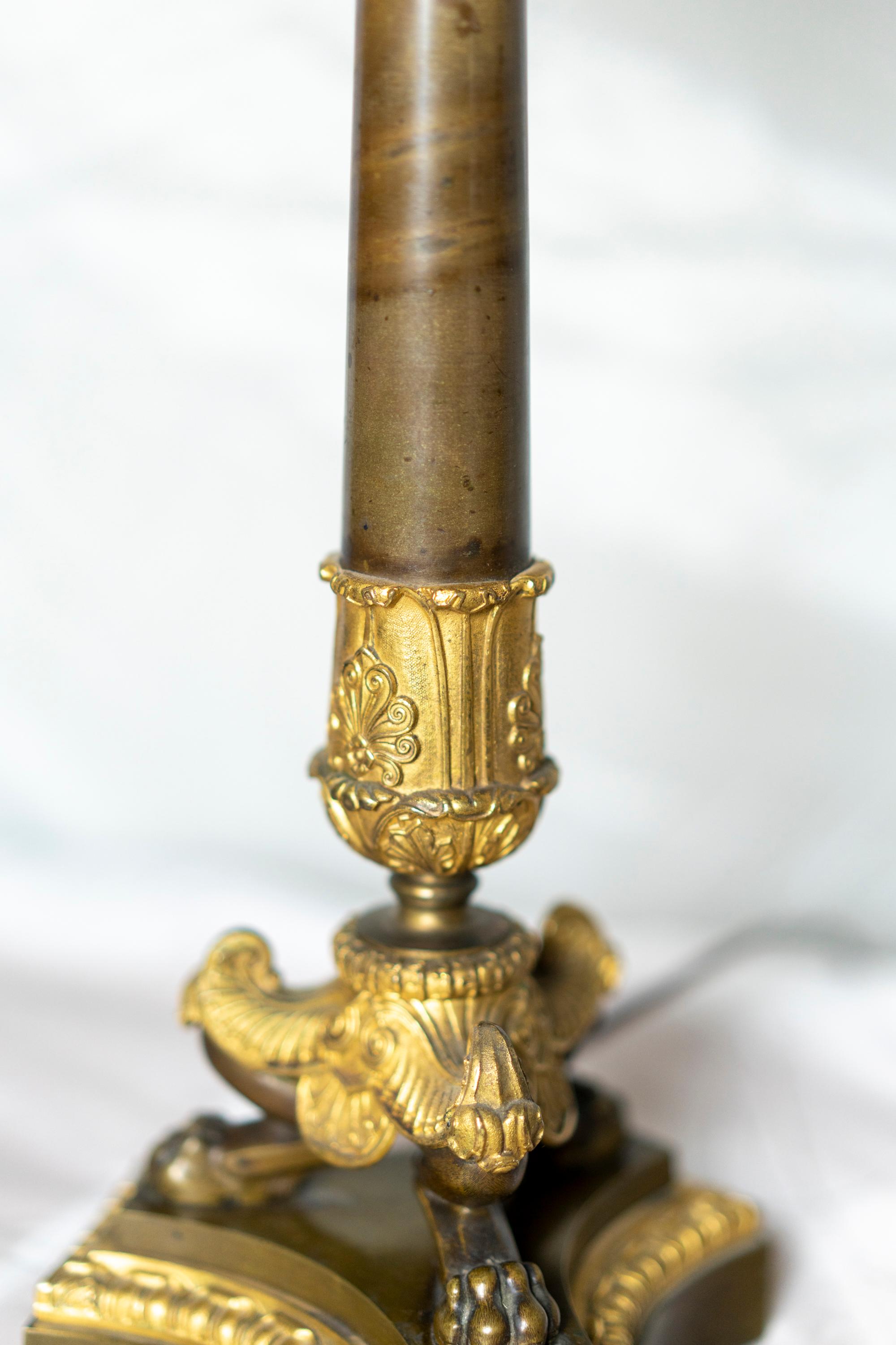 Pair of Gilt and Patinated Bronze Restauration Period Candelabra Lamps For Sale 3