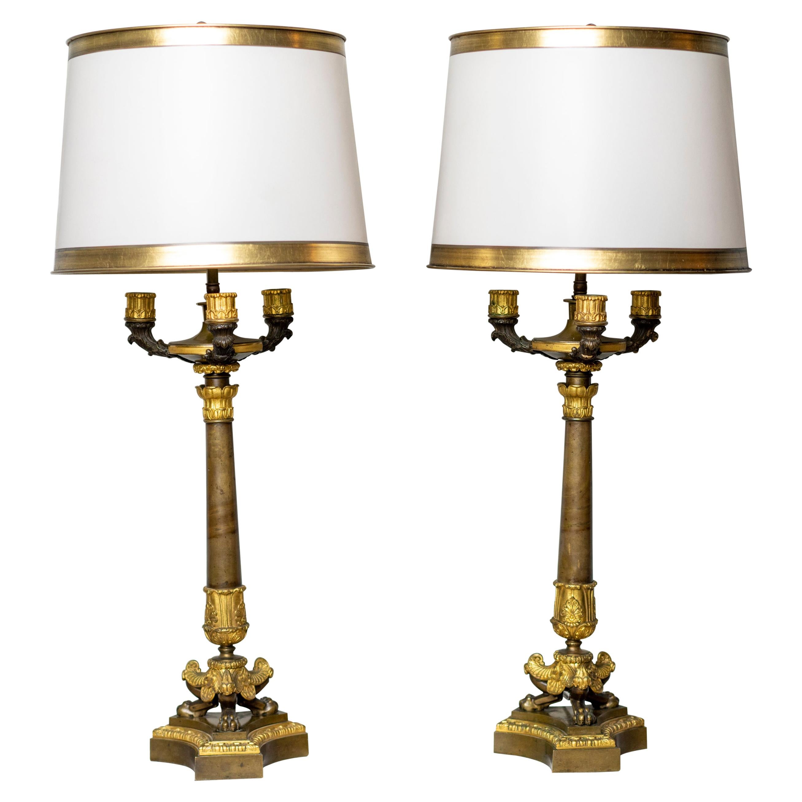 Pair of Gilt and Patinated Bronze Restauration Period Candelabra Lamps For Sale