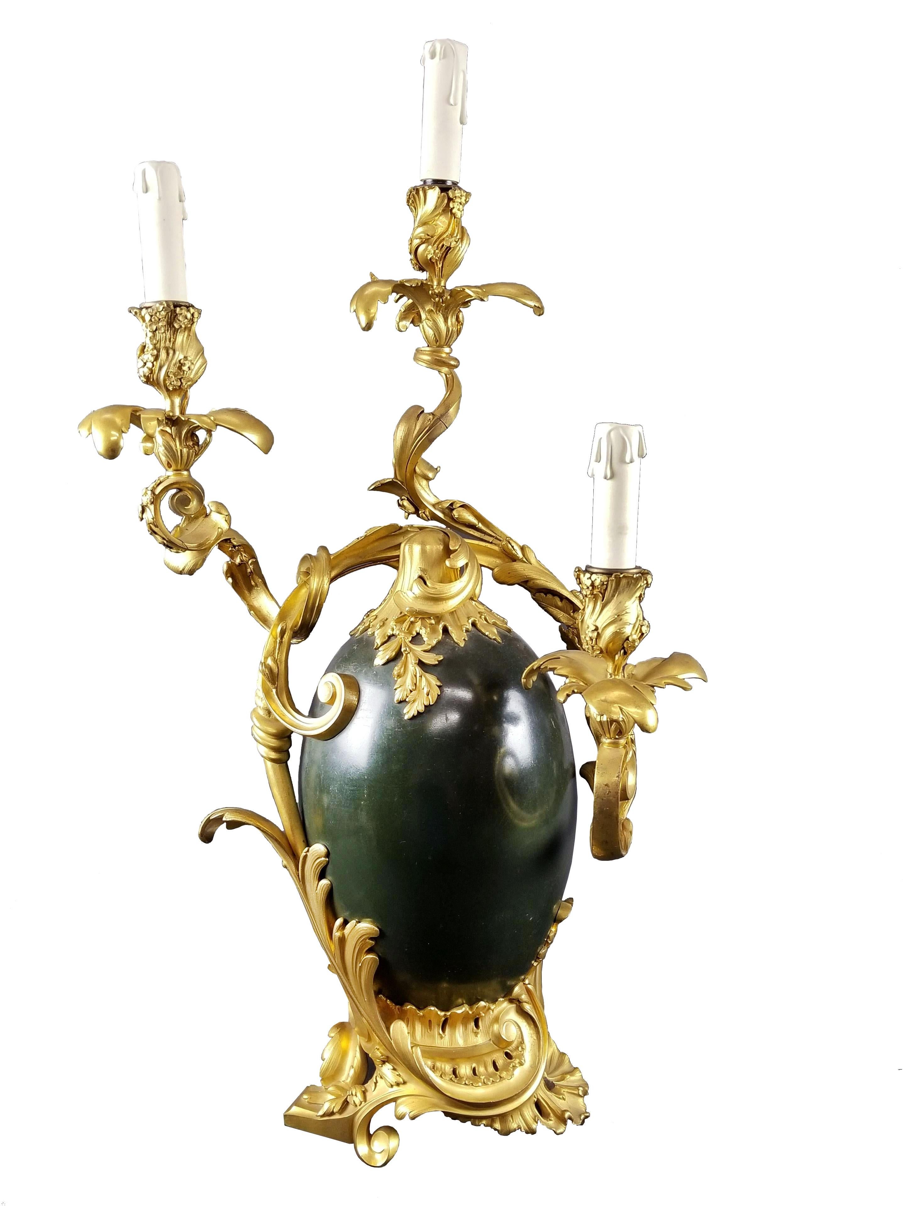 Pair of late 19th C. gilt and patinated bronze three light candelabra, Dated 1886 - Henry Dasson. They measure H: 25