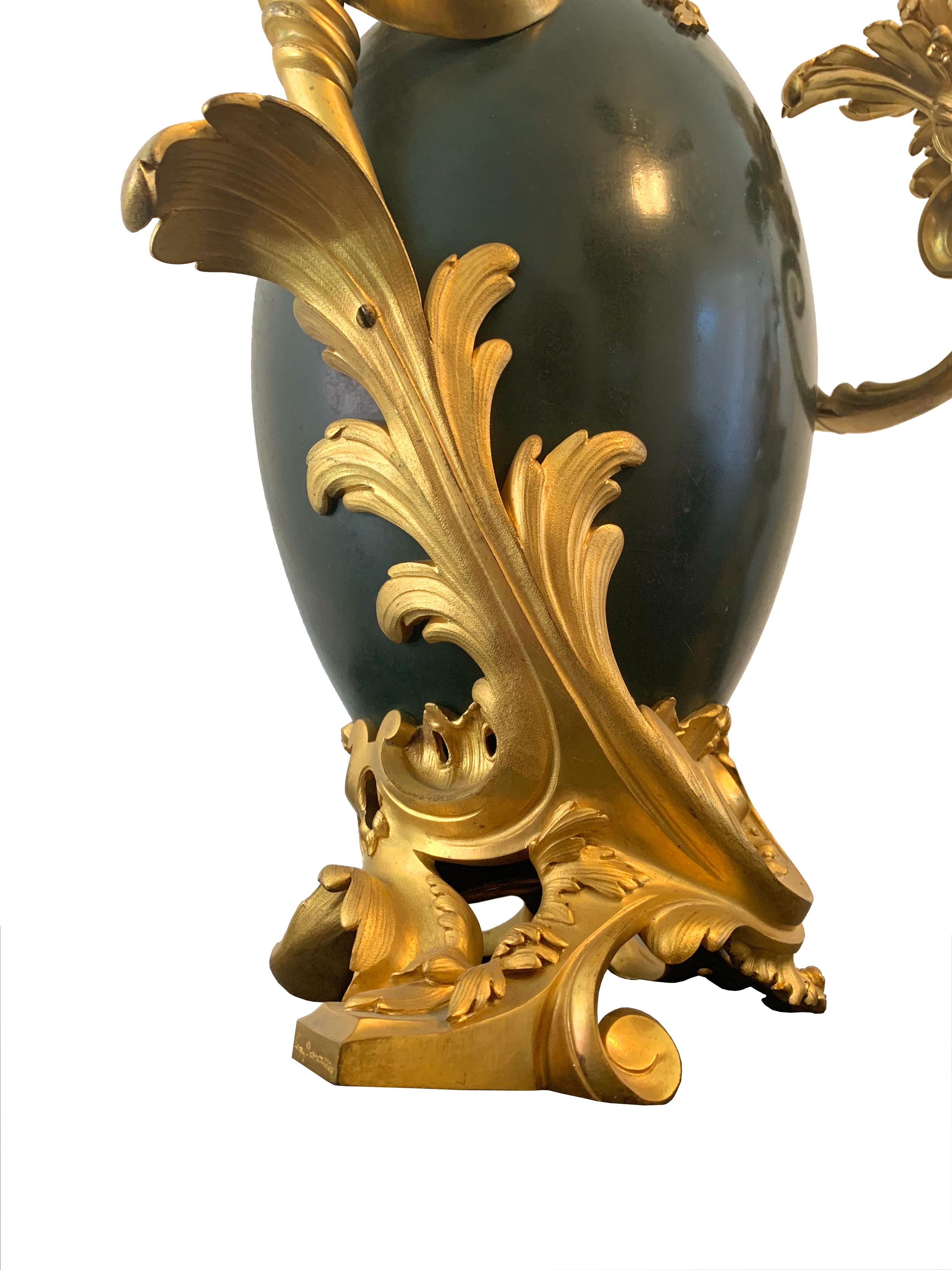 19th Century Pair of Gilt and Patinated Bronze Three Light Candelabras by Henry Dasson