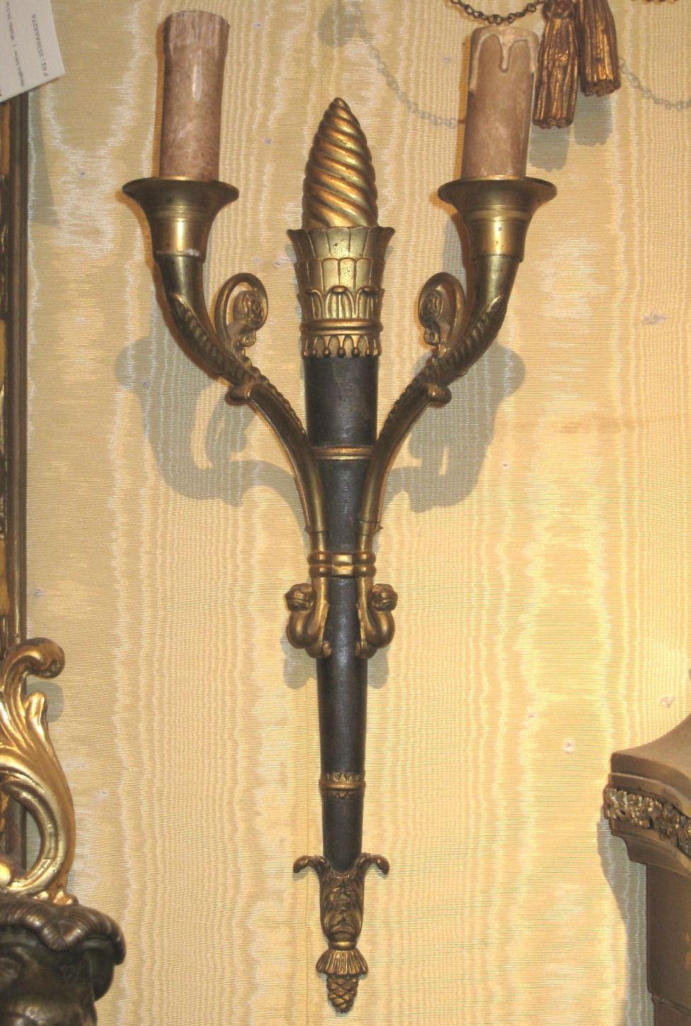 Pair of Gilt and Patinated Bronze Two-Arm Wall Light Sconces
Stock Number: L273