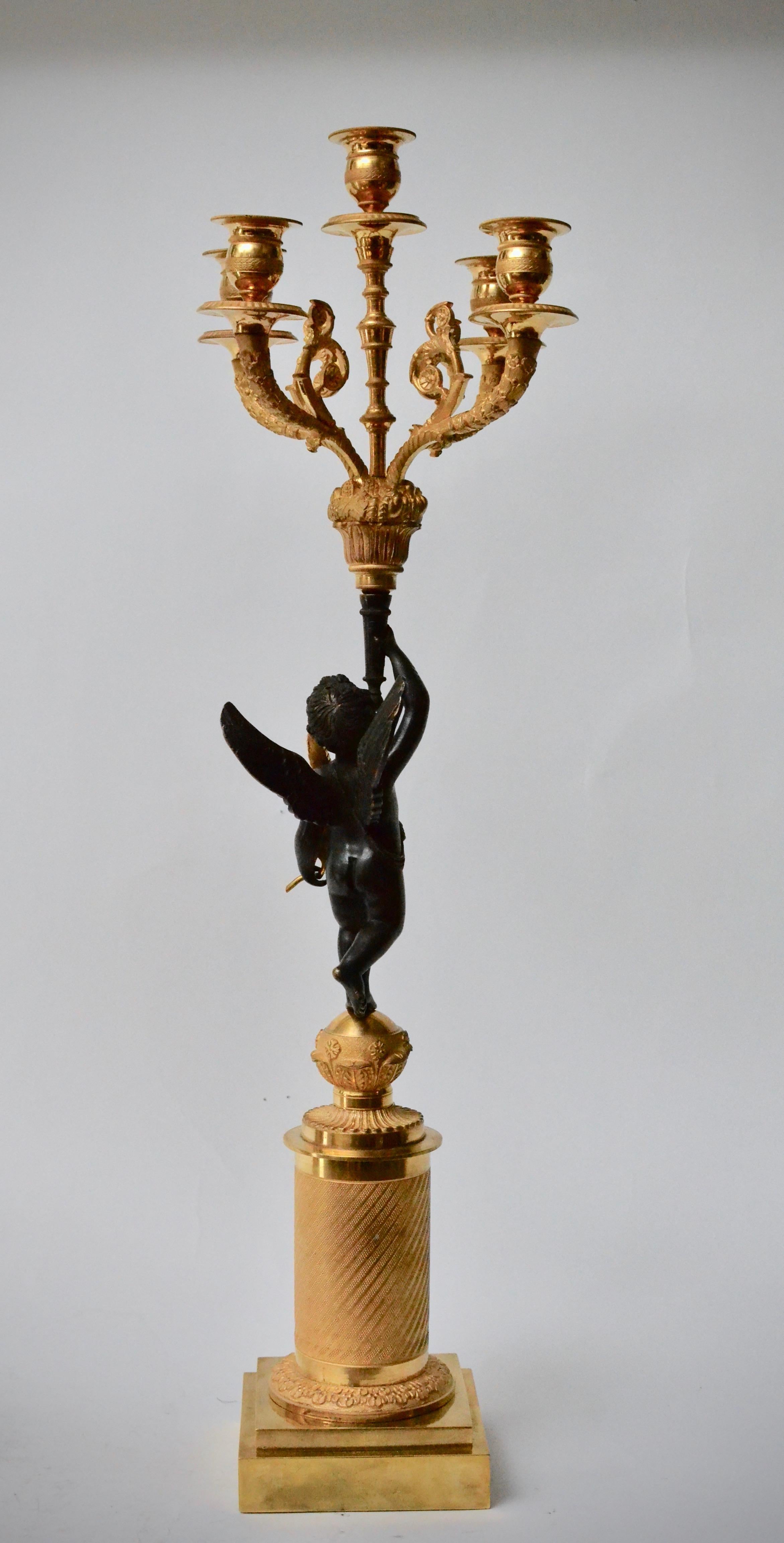 French Pair of Gilt and Patinated Empire Candelabra, Early 19th Century