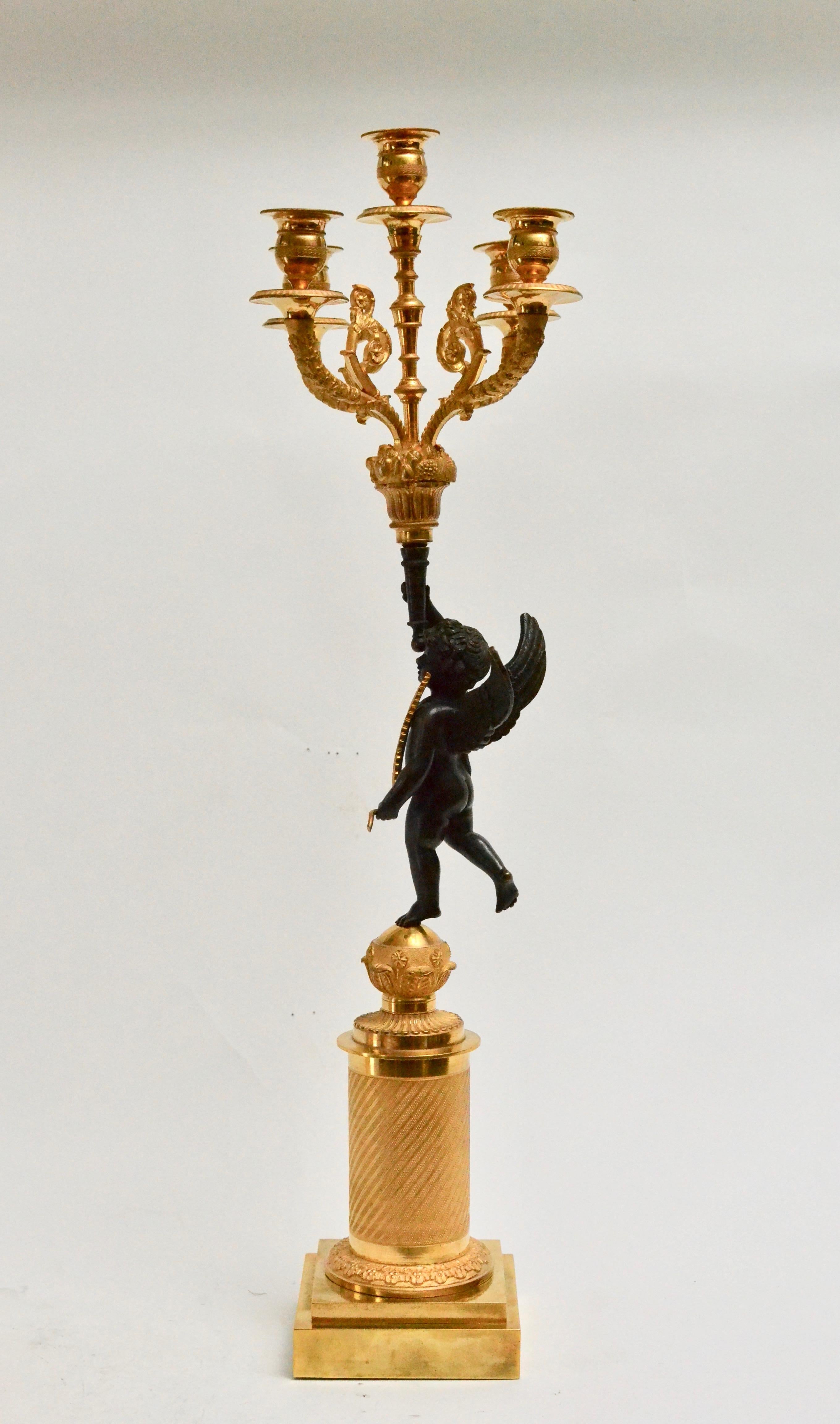 Pair of Gilt and Patinated Empire Candelabra, Early 19th Century In Excellent Condition In Stockholm, SE