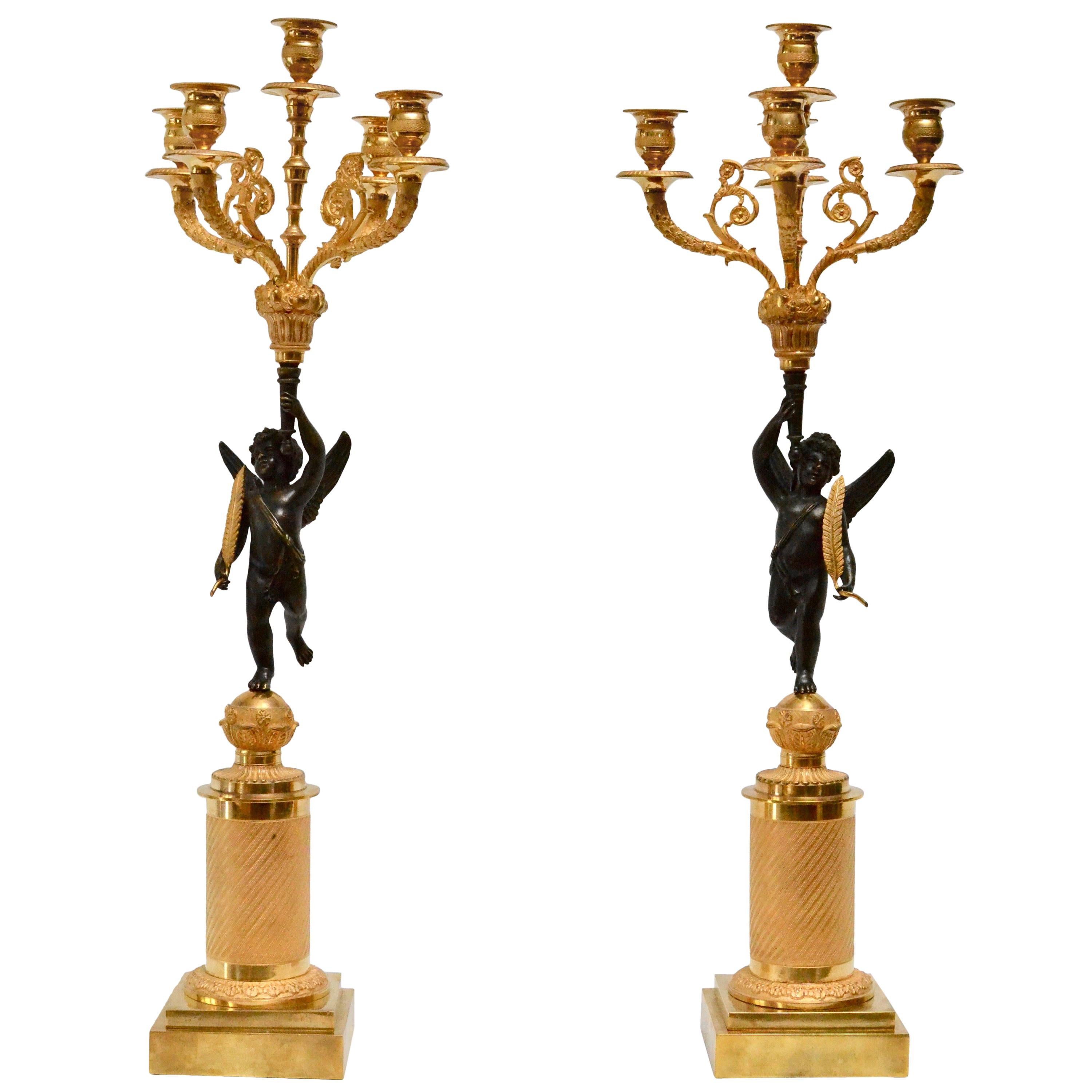 Pair of Gilt and Patinated Empire Candelabra, Early 19th Century
