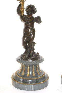Pair of Gilt and Patinated Figural Bronze and Marble Candelabras