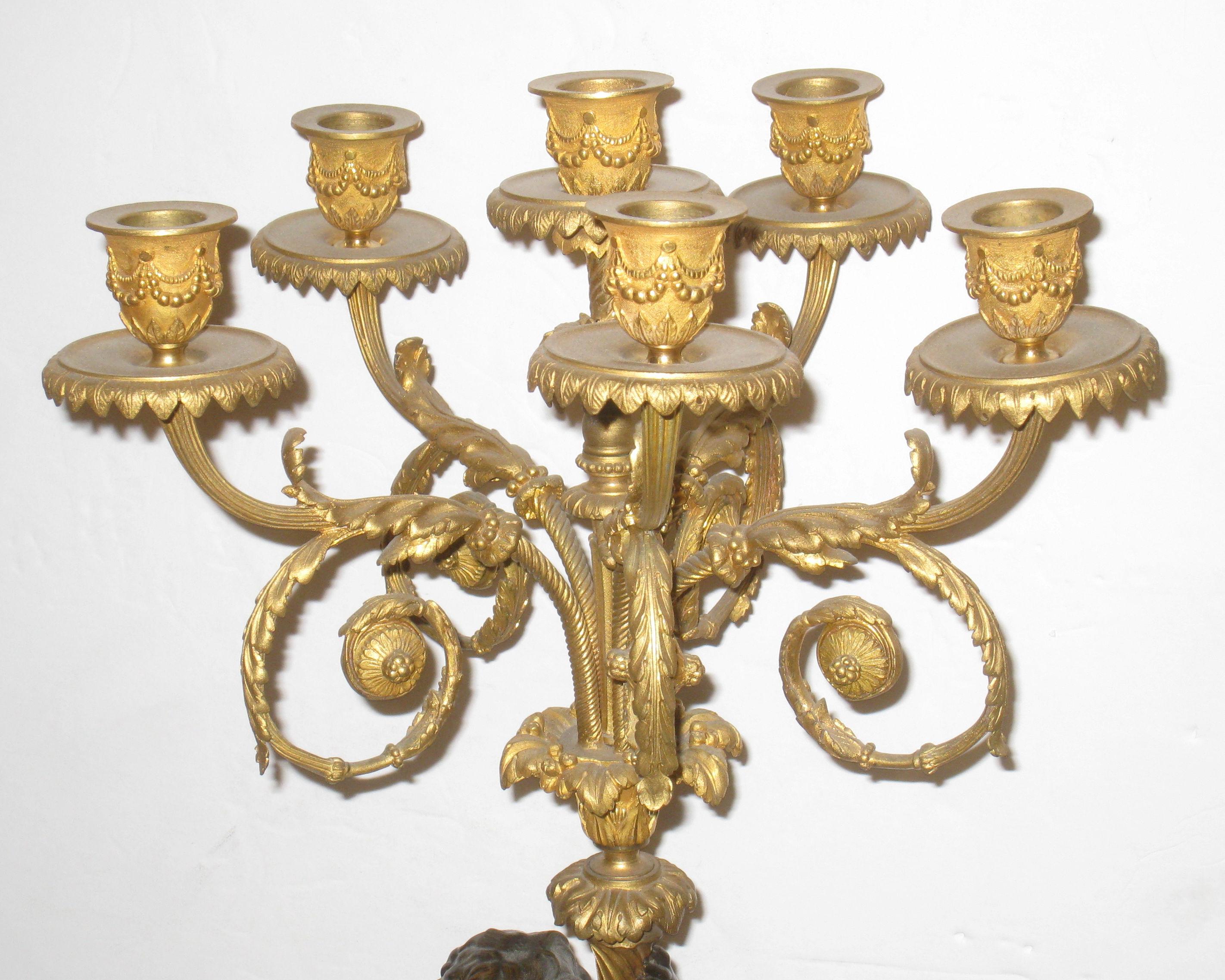 French Pair of Gilt and Patinated Figural Bronze and Marble Candelabras