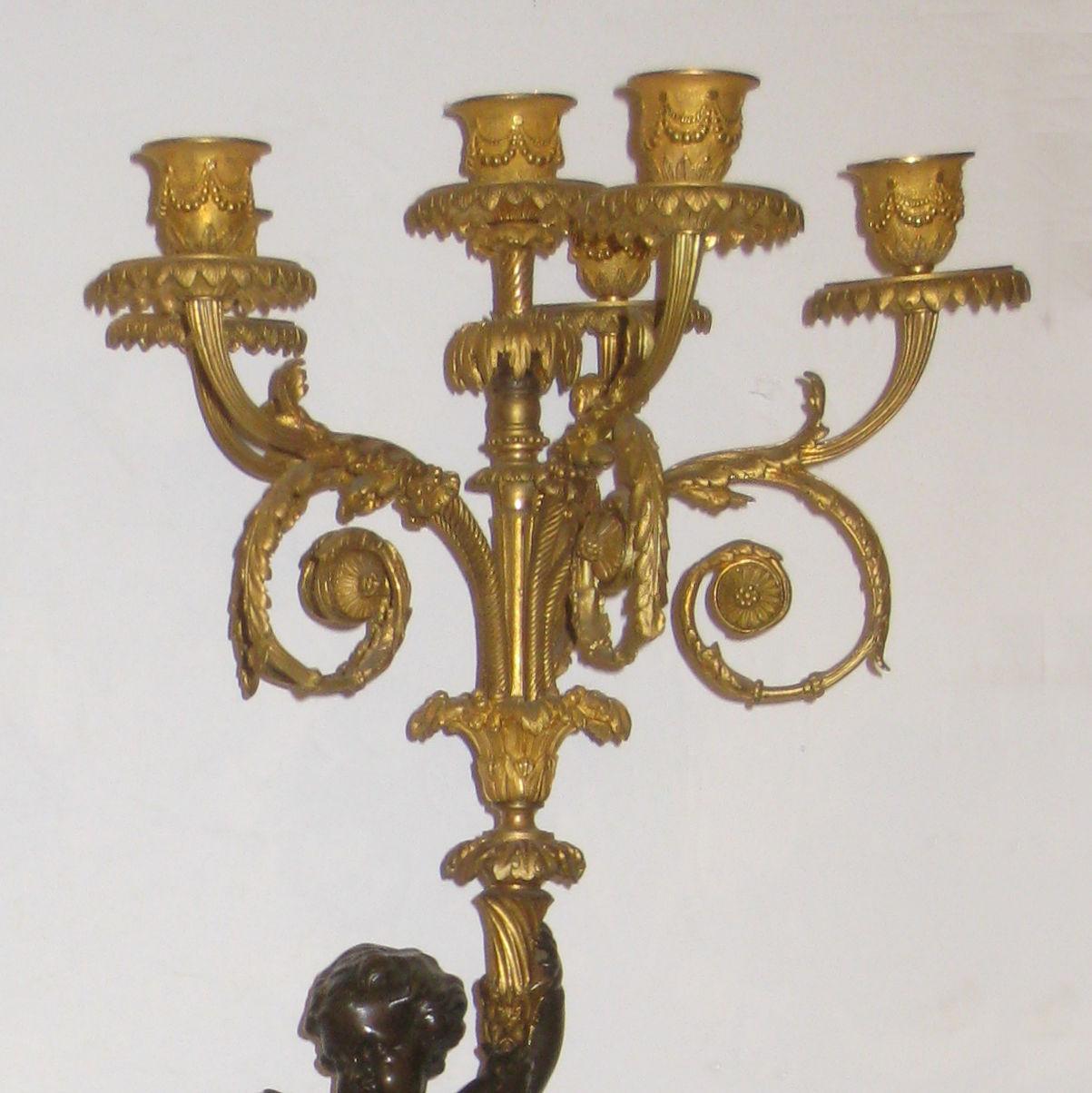 Pair of Gilt and Patinated Figural Bronze and Marble Candelabras In Good Condition In New York, NY