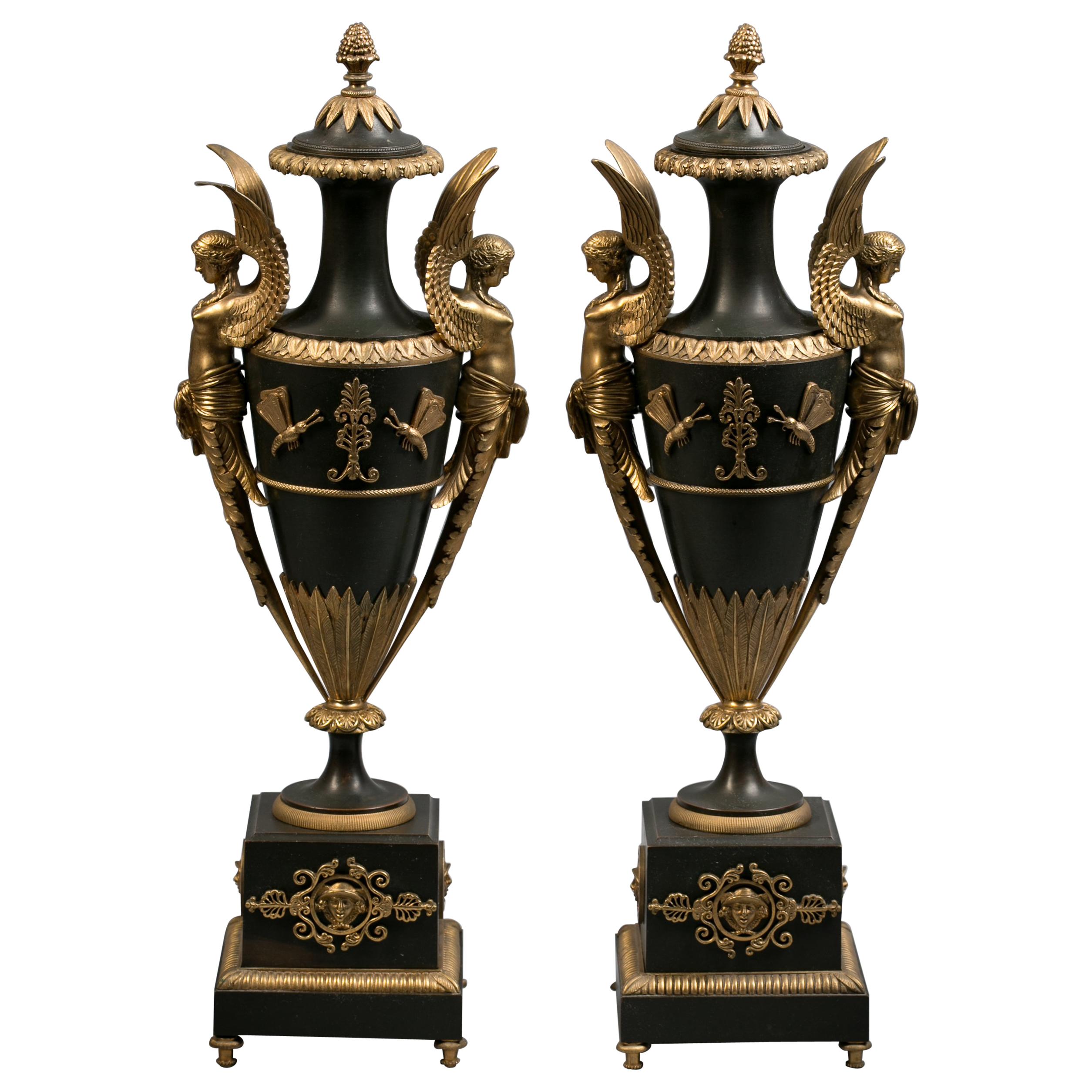 Pair of Gilt and Patinated Figural Bronze Covered Vases, French, circa 1805 For Sale