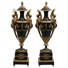 Antique Pair of Gilt and Patinated Figural Bronze Covered Vases, French, circa 1805