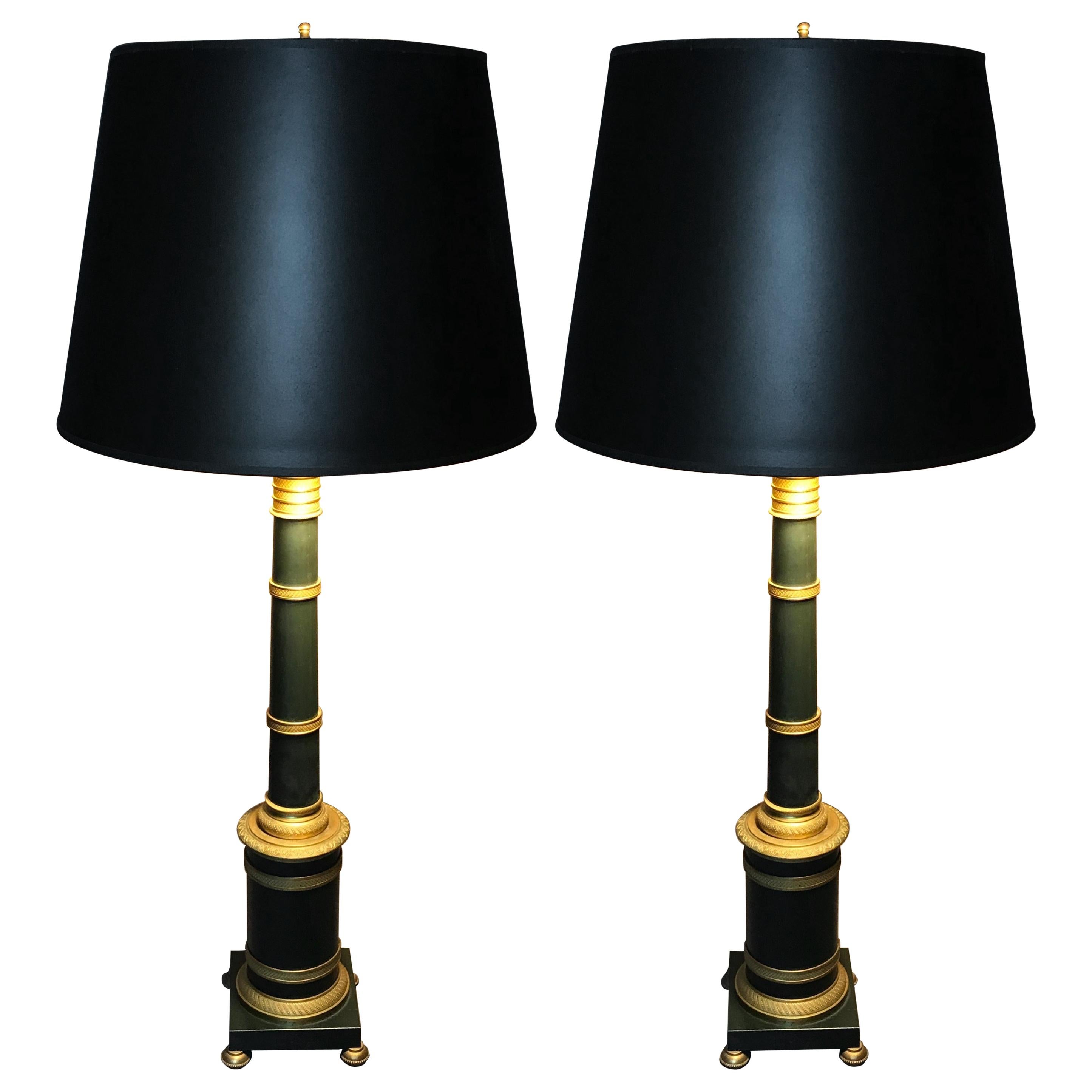 Pair of Gilt and Patinated Metal Banded Column Lamps