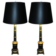 Pair of Gilt and Patinated Metal Banded Column Lamps