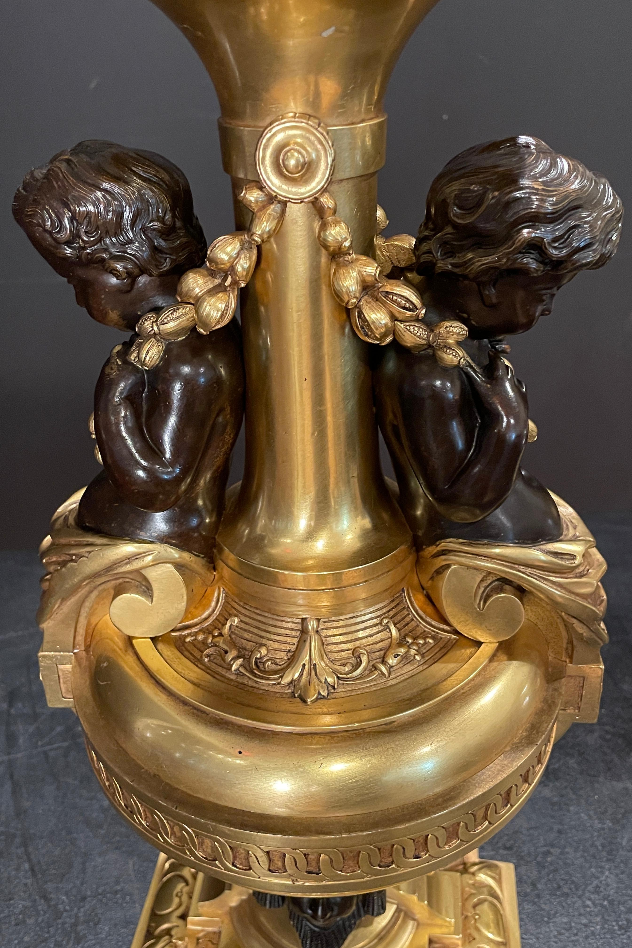 Belle Époque Pair of Gilt and Patinated Putti Lamps