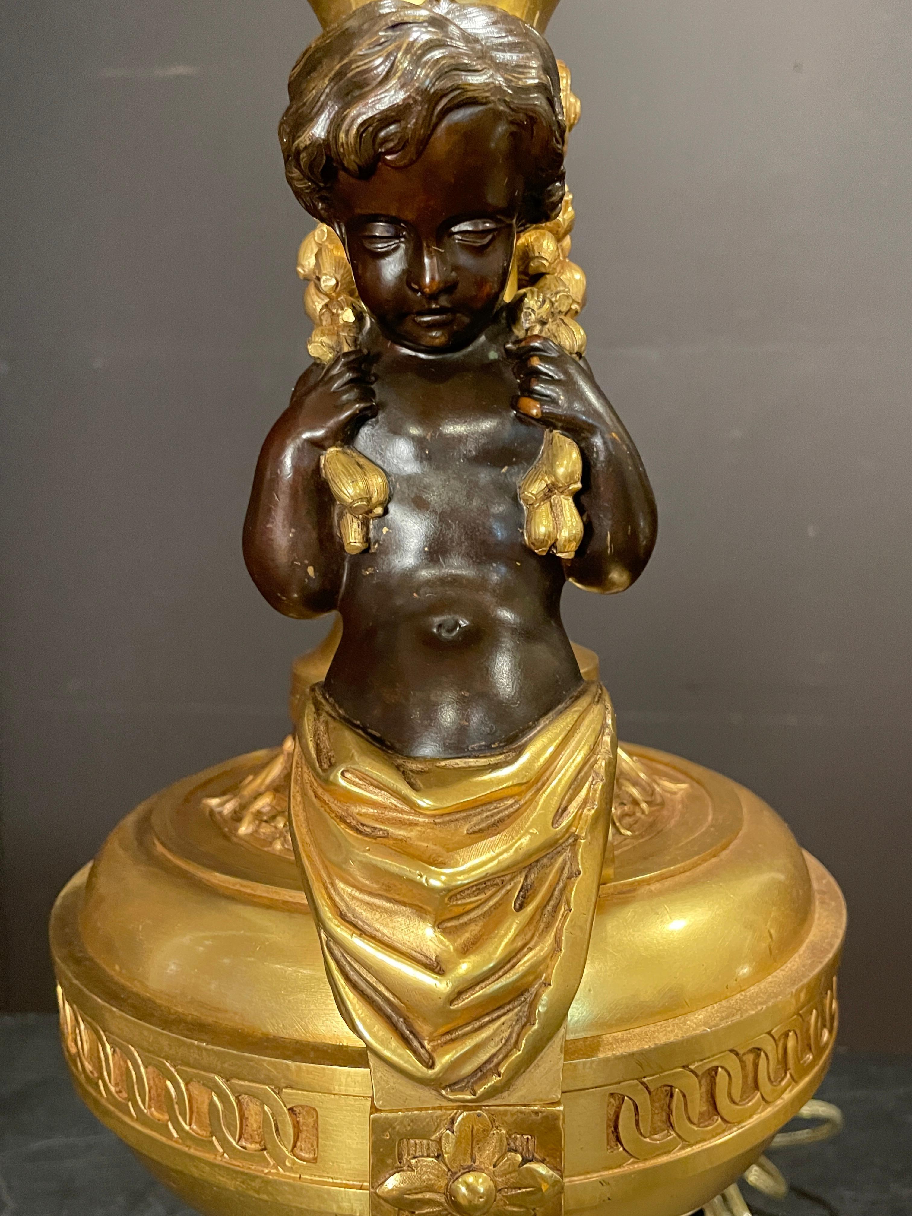 French Pair of Gilt and Patinated Putti Lamps